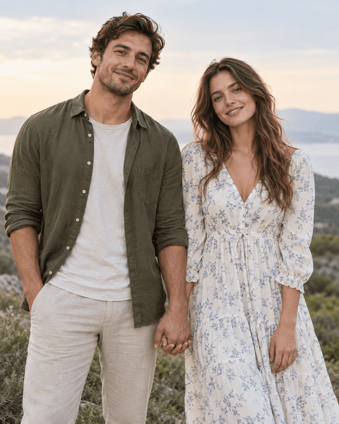 AI-generated portrait of two fictional adults with both faces and a loose handhold visible near hip level, a plain indistinct ring.