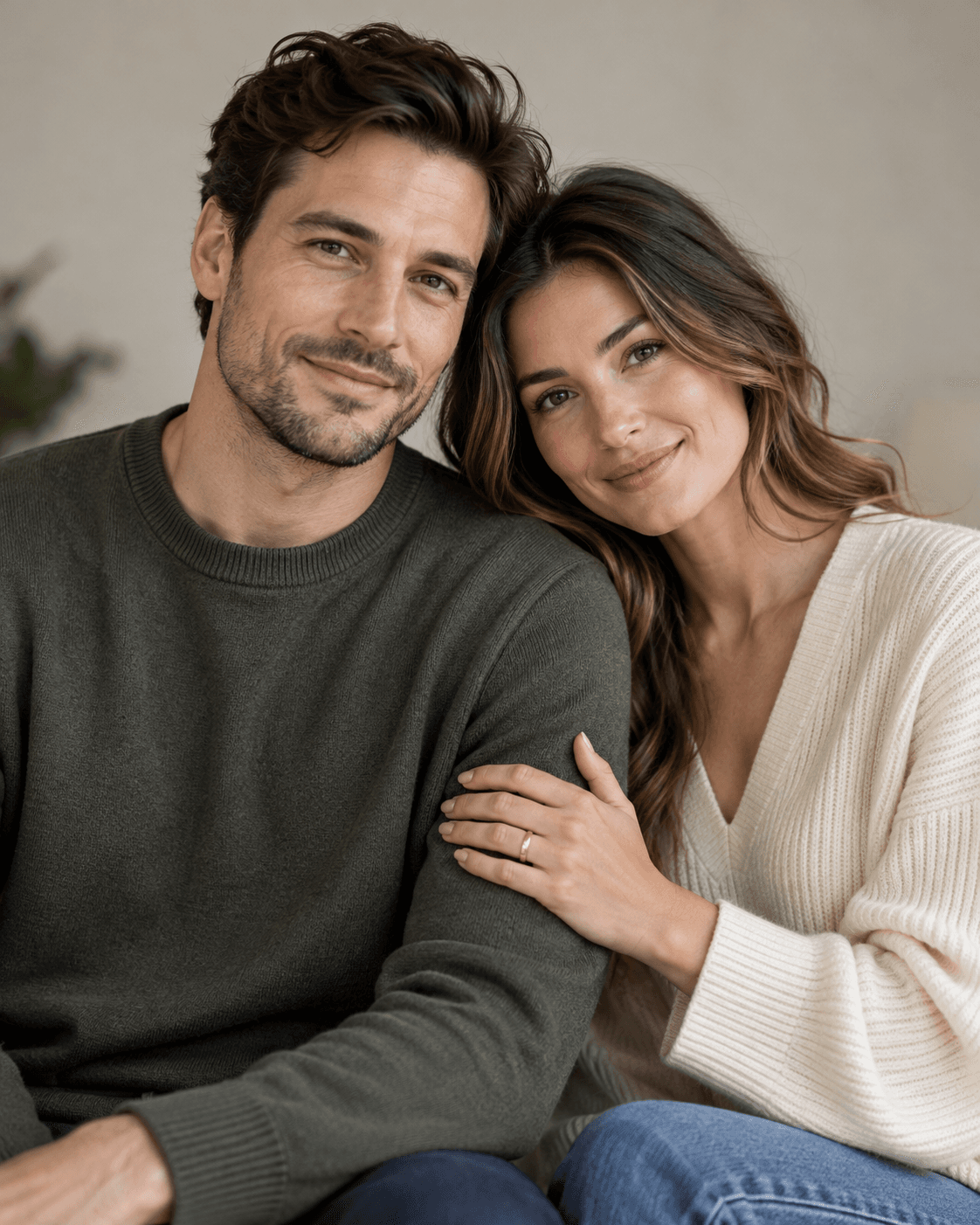 AI-generated medium portrait of two fictional adults, one hand resting naturally on partner’s plain sleeve, a simple indistinct ring, fingers clearly separated.