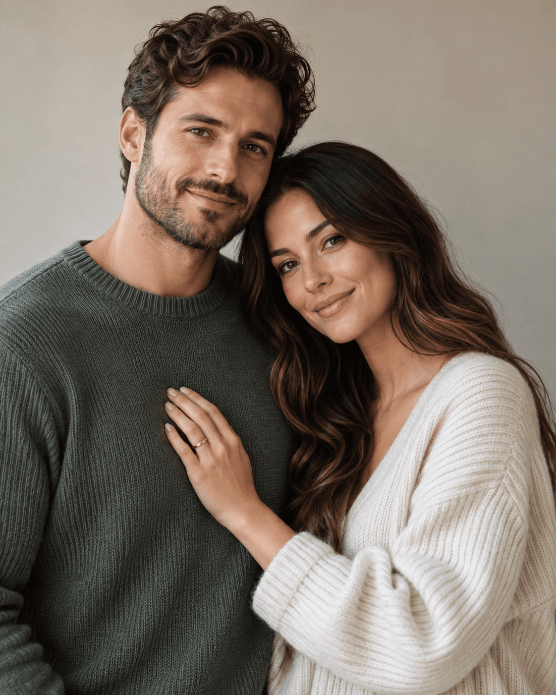 AI-generated waist-up portrait of two fictional adults standing close, one relaxed hand visible near torso, plain indistinct ring, soft neutral background.
