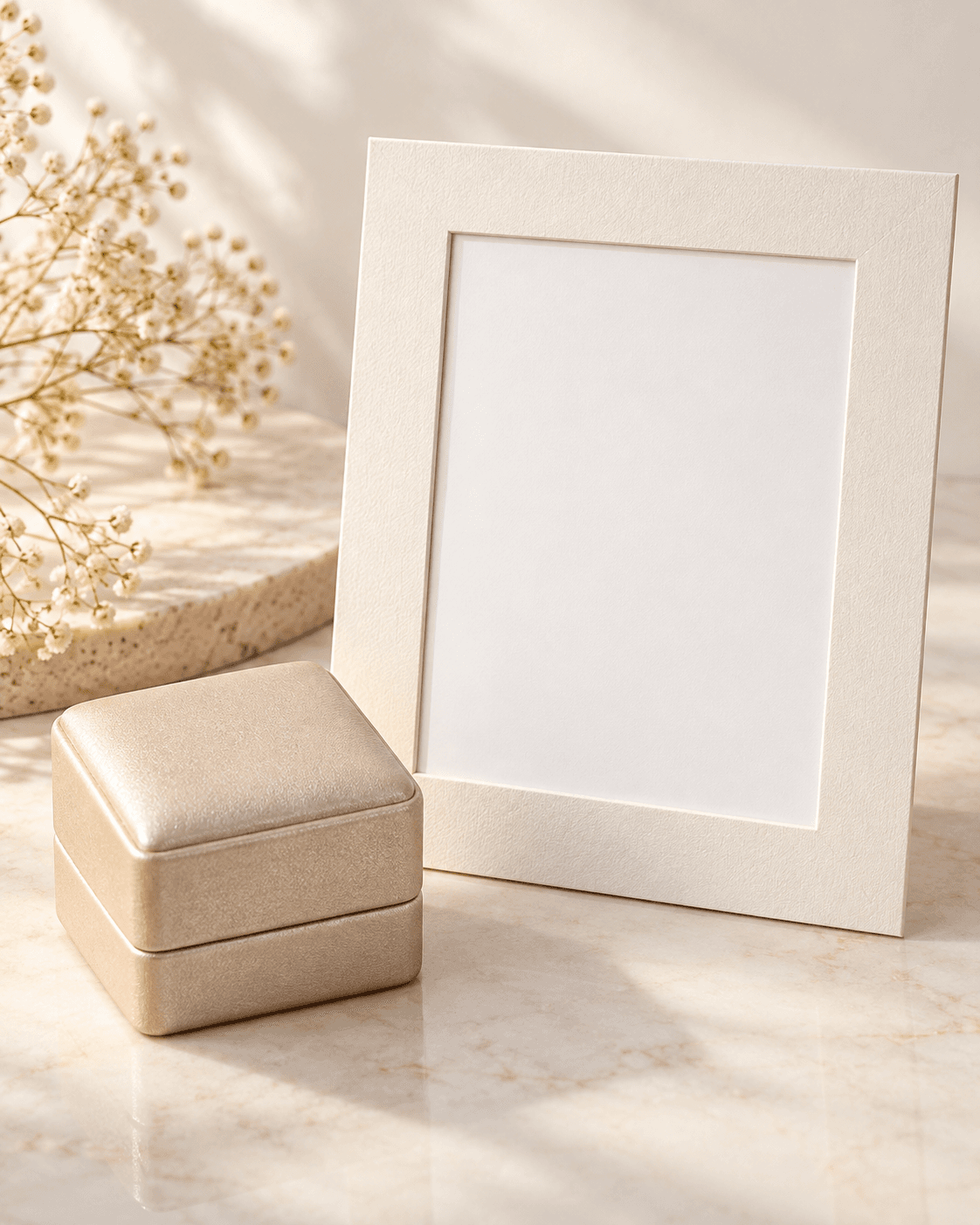 AI-generated editorial still-life illustration of a closed neutral ring box beside a blank photo mat, no visible ring or purported before-and-after comparison.