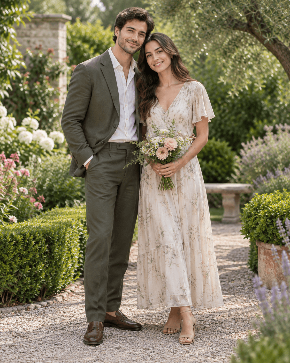 AI-generated portrait of two fictional adults in a generic garden, one holding a small loose bouquet at waist level, muted wardrobe, no floral brand.