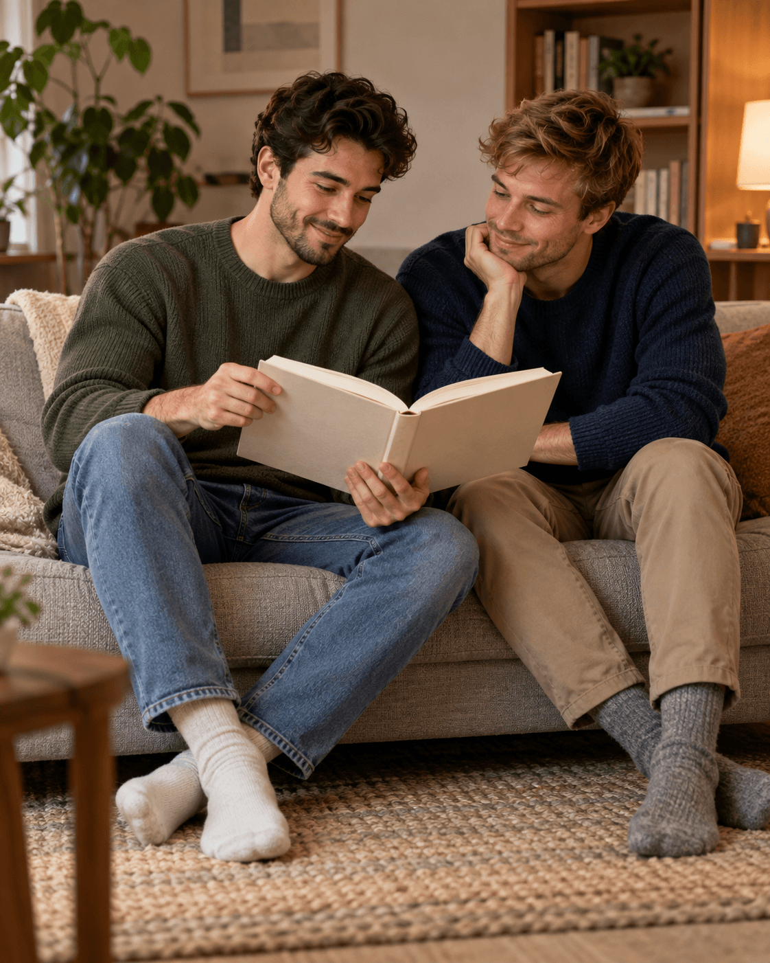 AI-generated portrait of two fictional adults seated together with one plain open book, no legible text or recognizable cover, quiet fictional room.