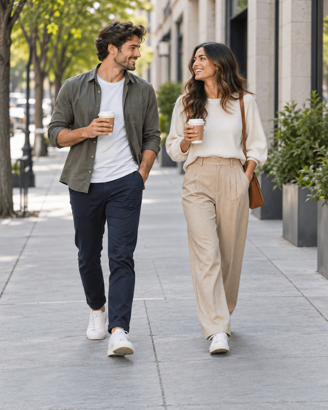 AI-generated portrait of two fictional adults walking on a broad generic sidewalk holding unbranded plain cups, no logos or text, full-length.