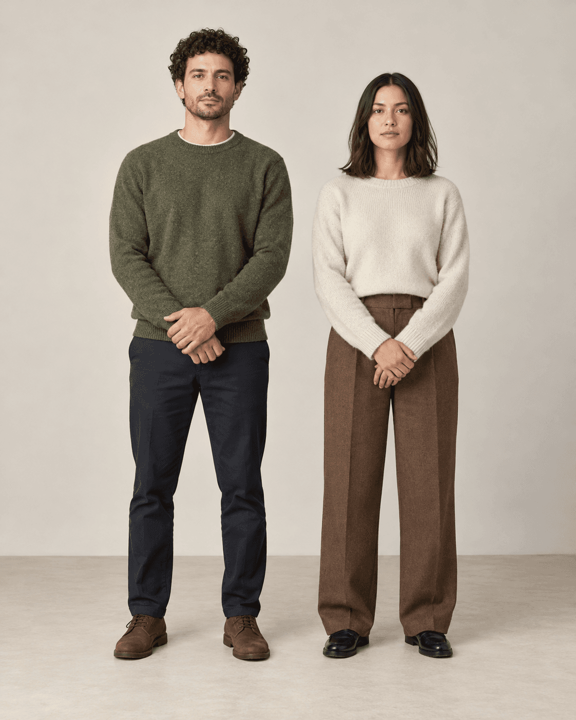 AI-generated concept of two fictional adults standing formally against a plain neutral studio background, each clasping their own hands separately at the waist, casual knitwear and deadpan expressions.