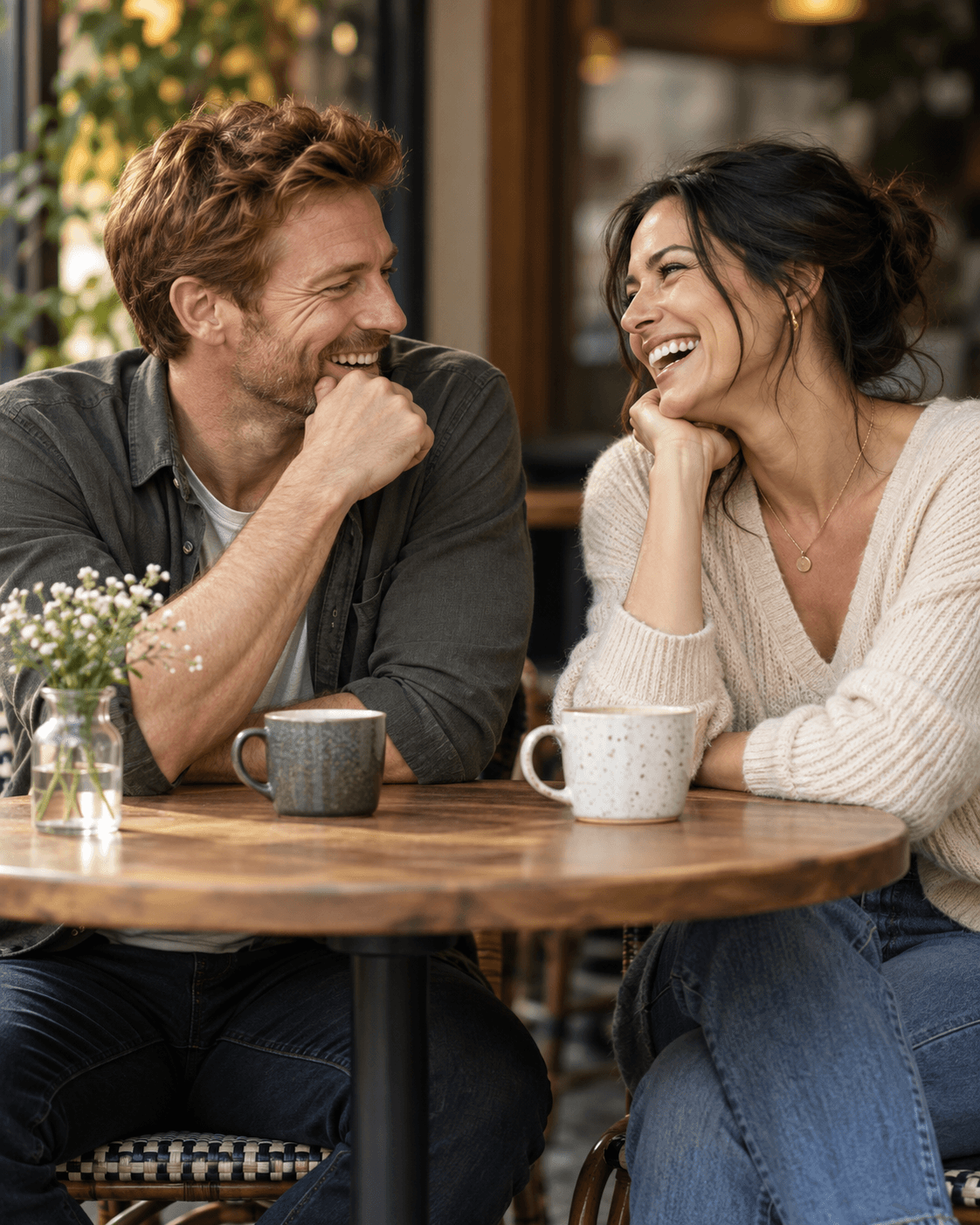 AI-generated medium portrait of two fictional adults laughing toward each other at a generic café-style table, no food in mouths, no logos.