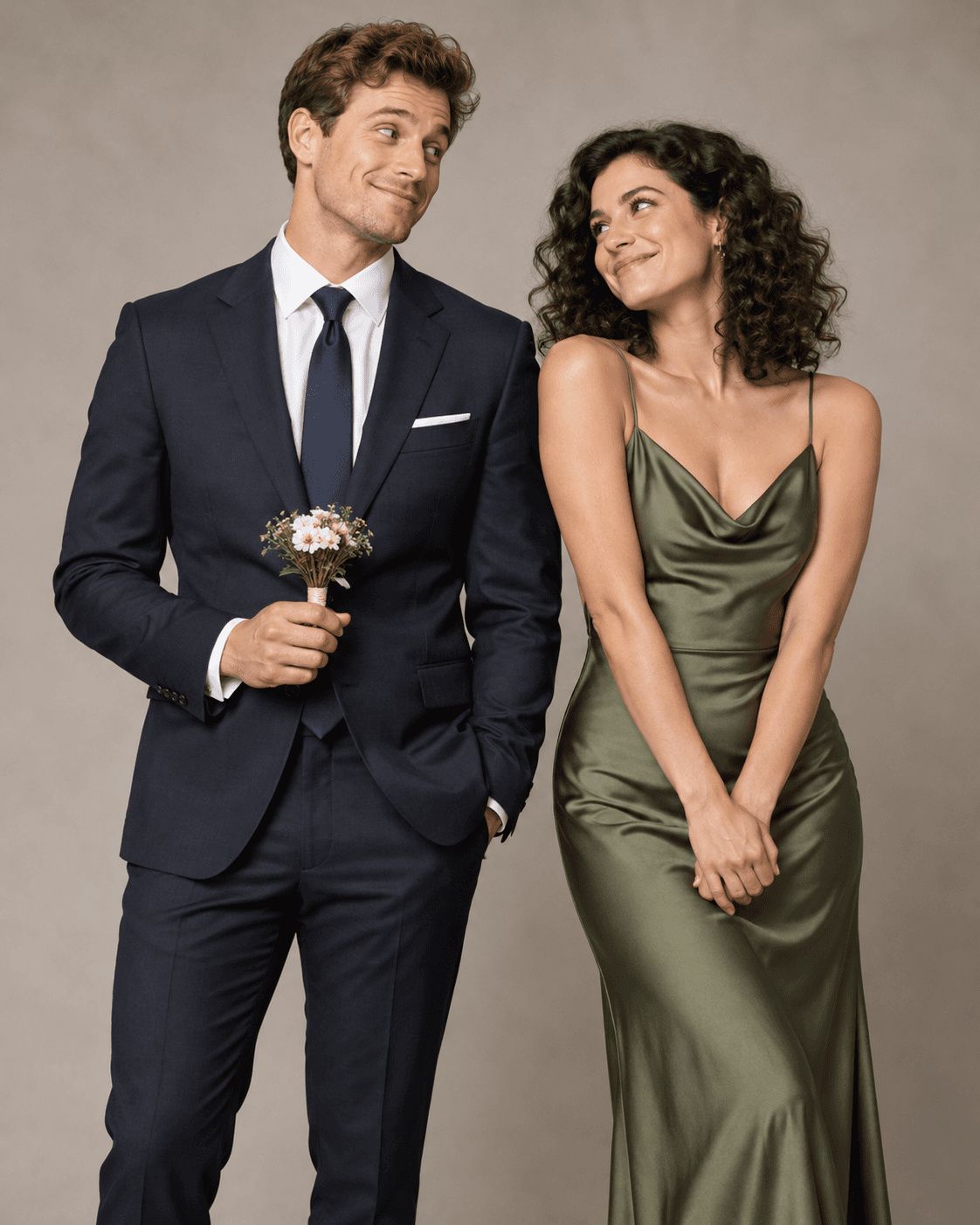 AI-generated portrait of two fictional adults dressed formally, one holding a very small simple bouquet at waist level, neutral studio, playful expressions.