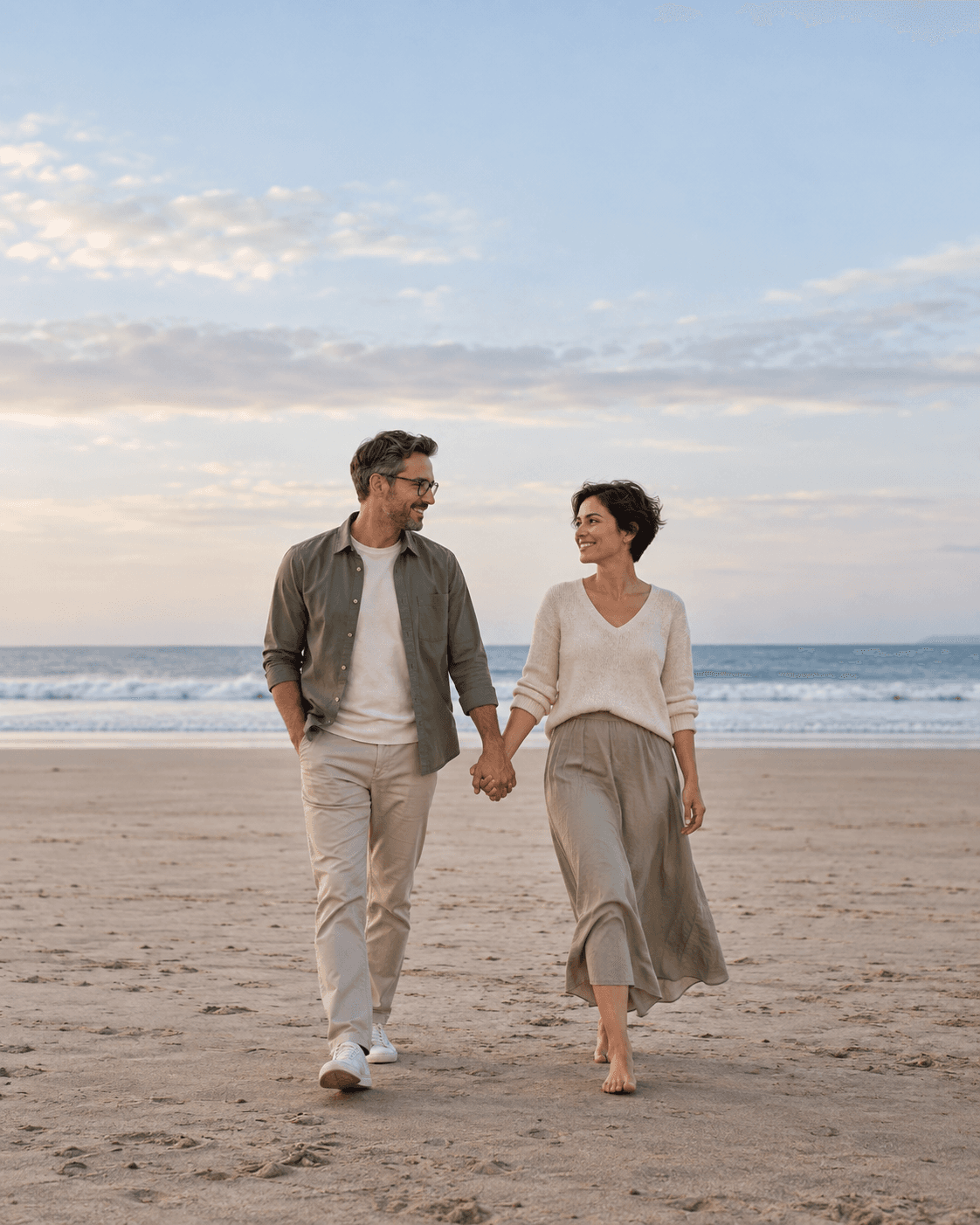 AI-generated portrait of two fictional adults holding hands on broad level sand, simple generic sea horizon, ample negative space, muted outfits.