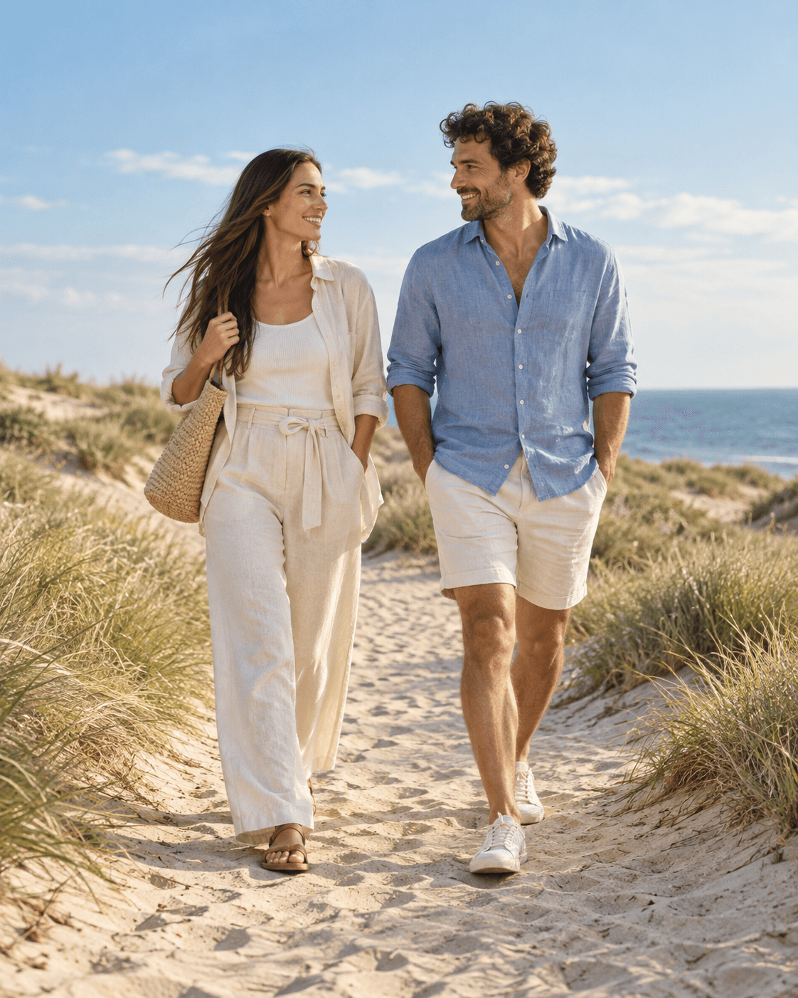 AI-generated portrait of two fictional adults walking on a wide generic sandy dune path, low grasses, cream and blue wardrobe, no restricted-area signs.