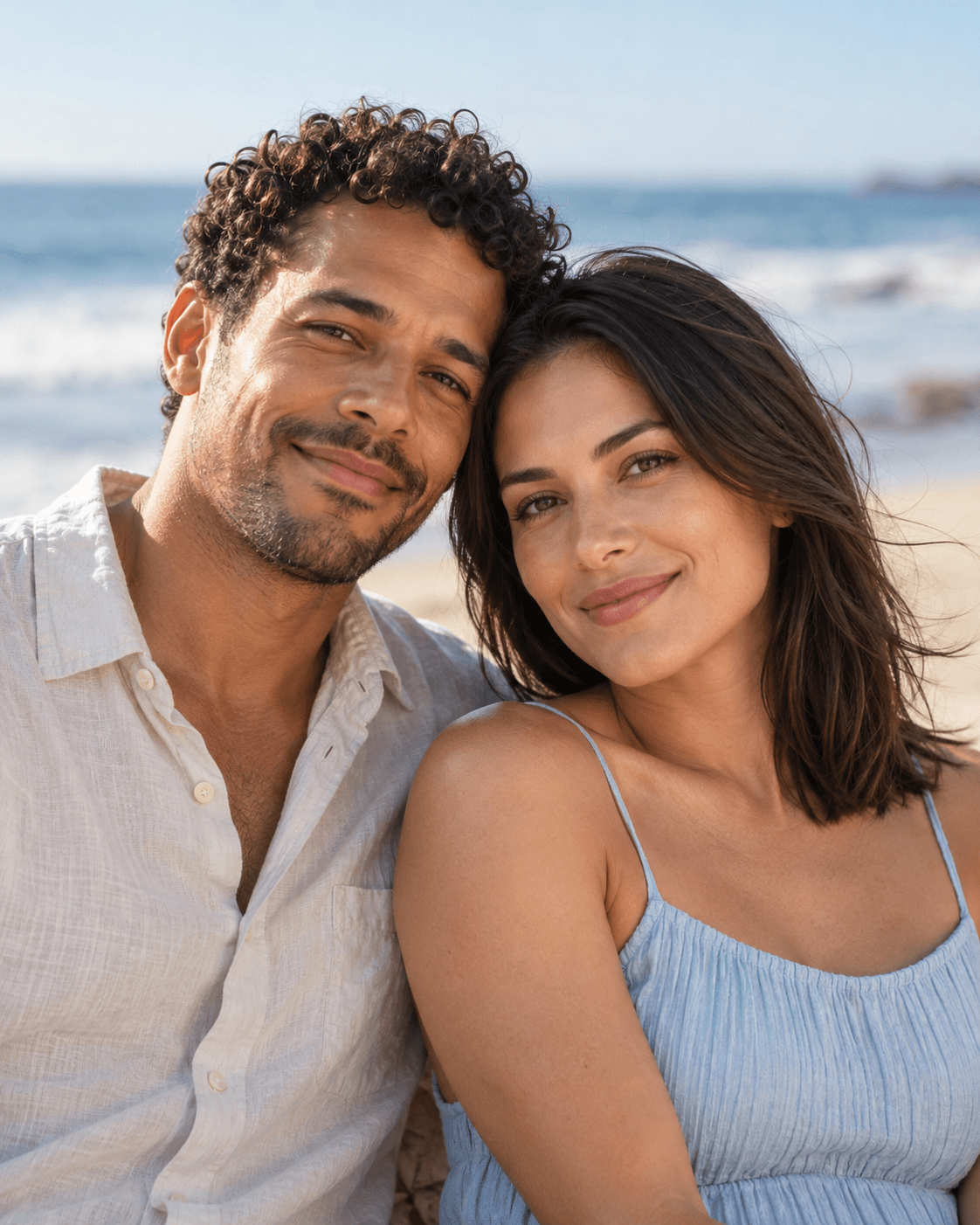 AI-generated close portrait of two fictional adults, softly blurred generic sea and sand behind, both faces clear, natural-looking hair.