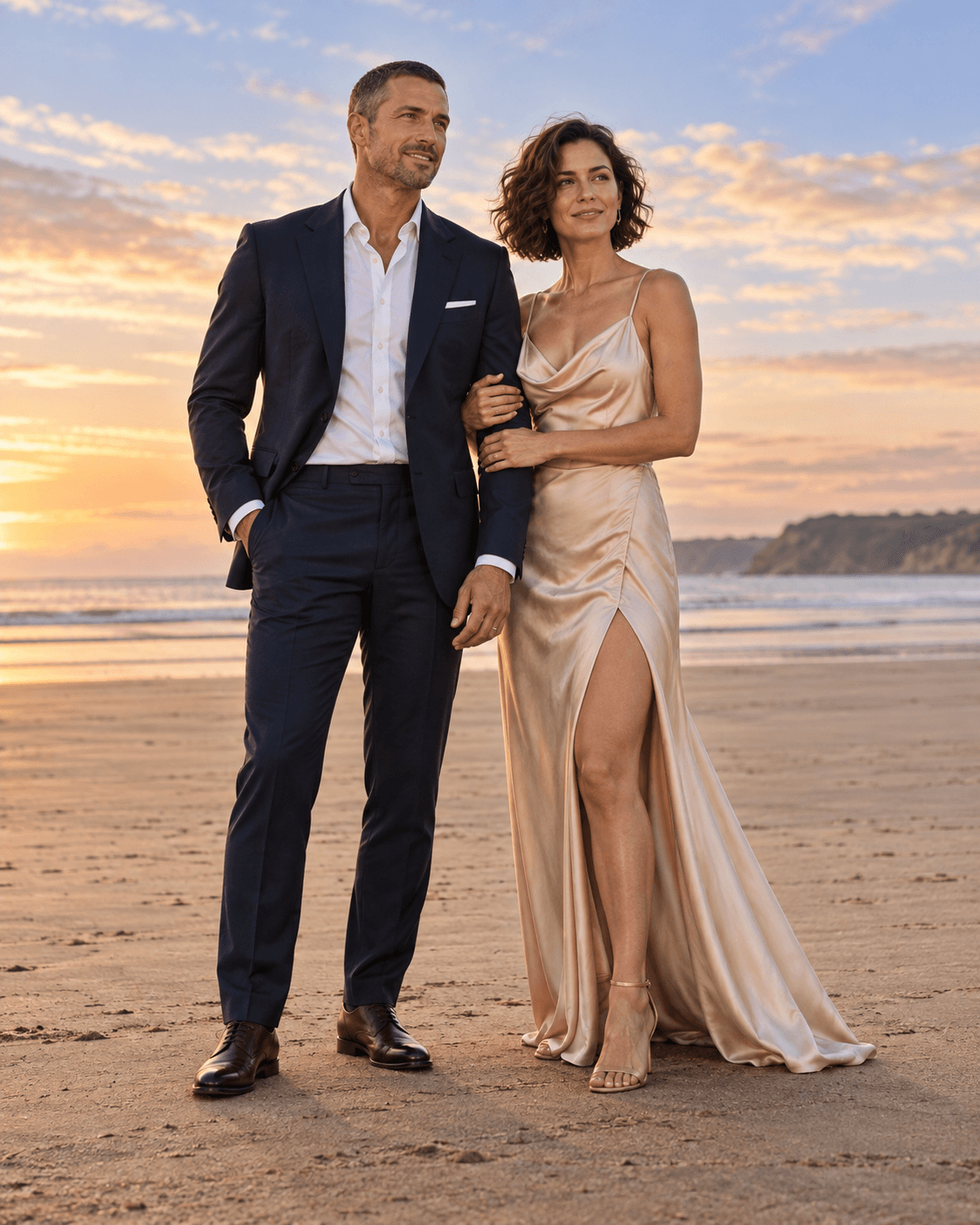 AI-generated portrait of two fictional adults in navy and champagne formalwear on level dry sand, wide generic coastline, no waves at feet.