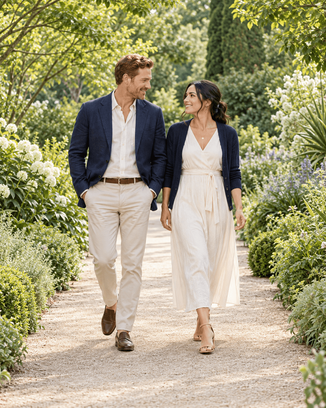 AI-generated portrait of two fictional adults walking on a broad generic garden path, layered green plants, soft ivory and navy clothing.