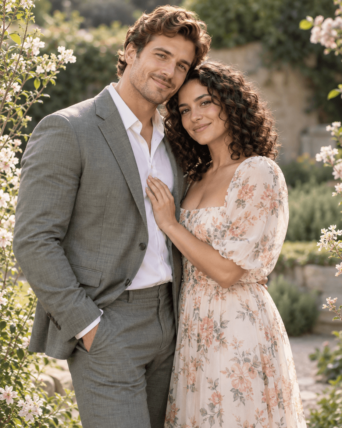 AI-generated medium portrait of two fictional adults beside sparse pale flowering plants in a generic garden, flowers at side edges, no floral arch.