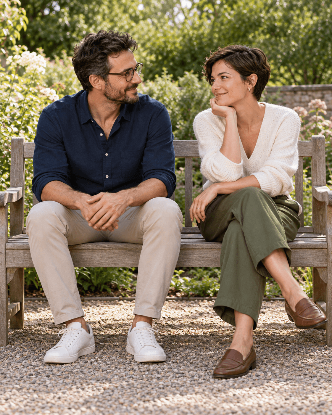 AI-generated portrait of two fictional adults seated on a plain broad bench in a generic garden, one adult with crossed legs, restrained planting.