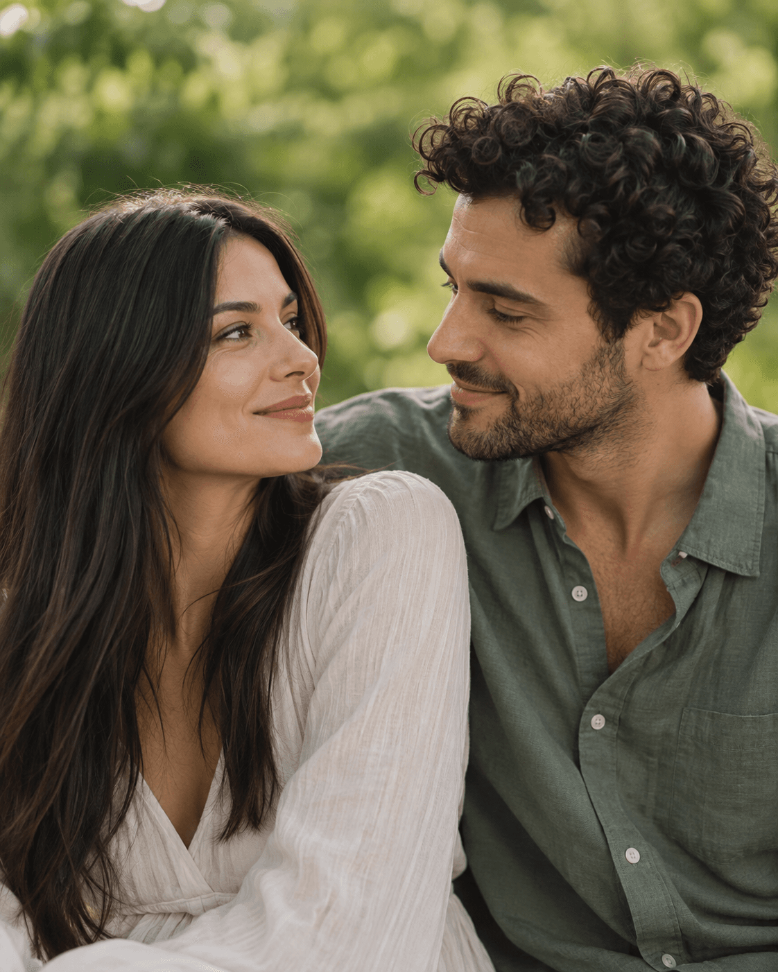 AI-generated close portrait of two fictional adults looking toward one another, diffuse green garden background, both faces visible, no obstructing branches.