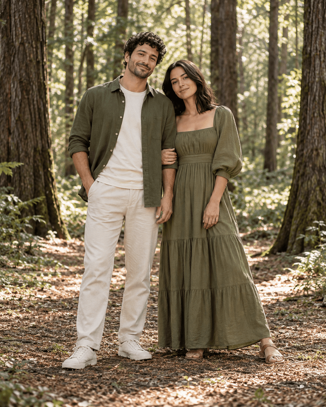 AI-generated portrait of two fictional adults standing in a broad gap between generic tall trees, level forest floor, olive and cream wardrobe, full-length.