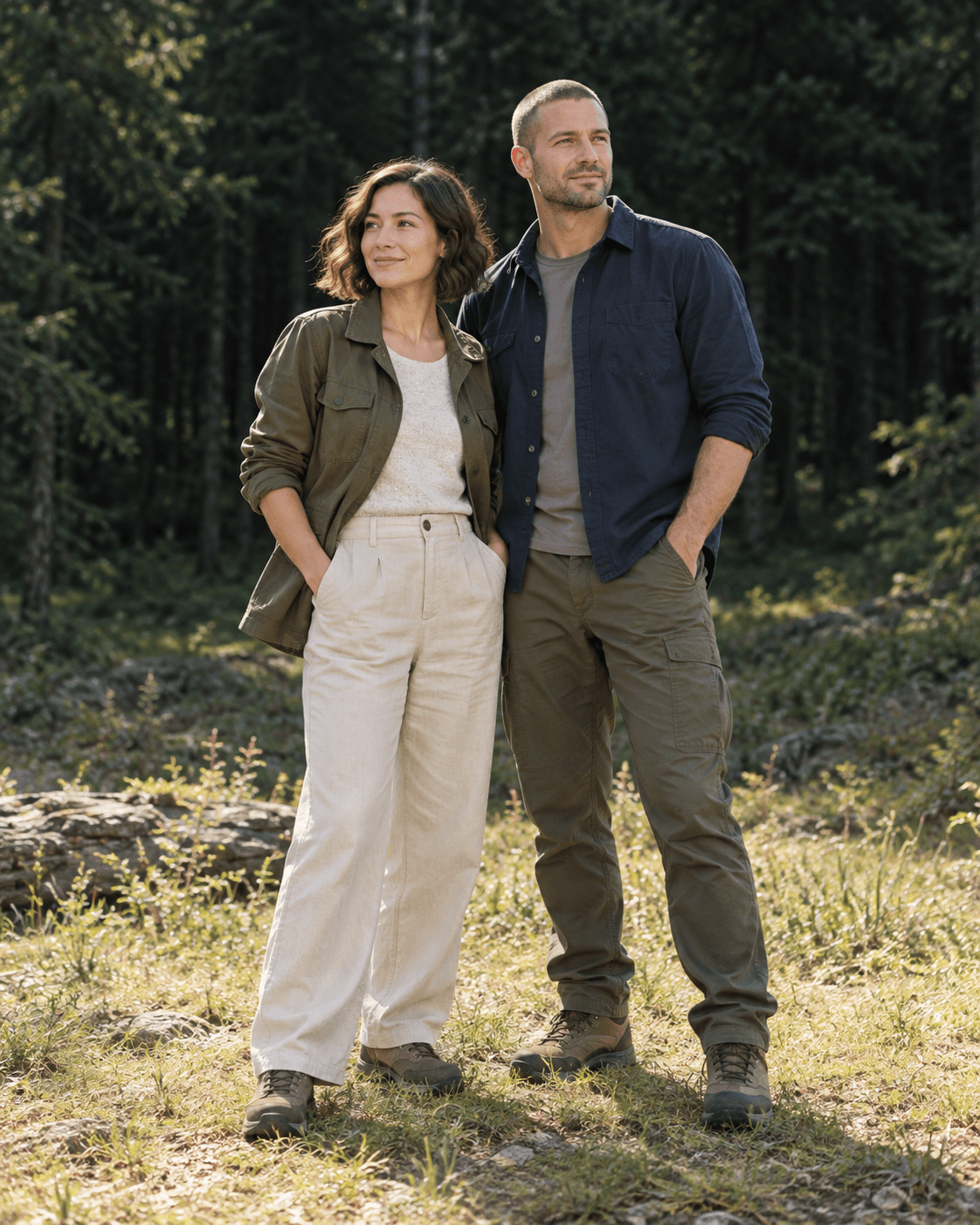 AI-generated portrait of two fictional adults at the edge of a level generic forest clearing, soft light on faces, dark green trees behind.