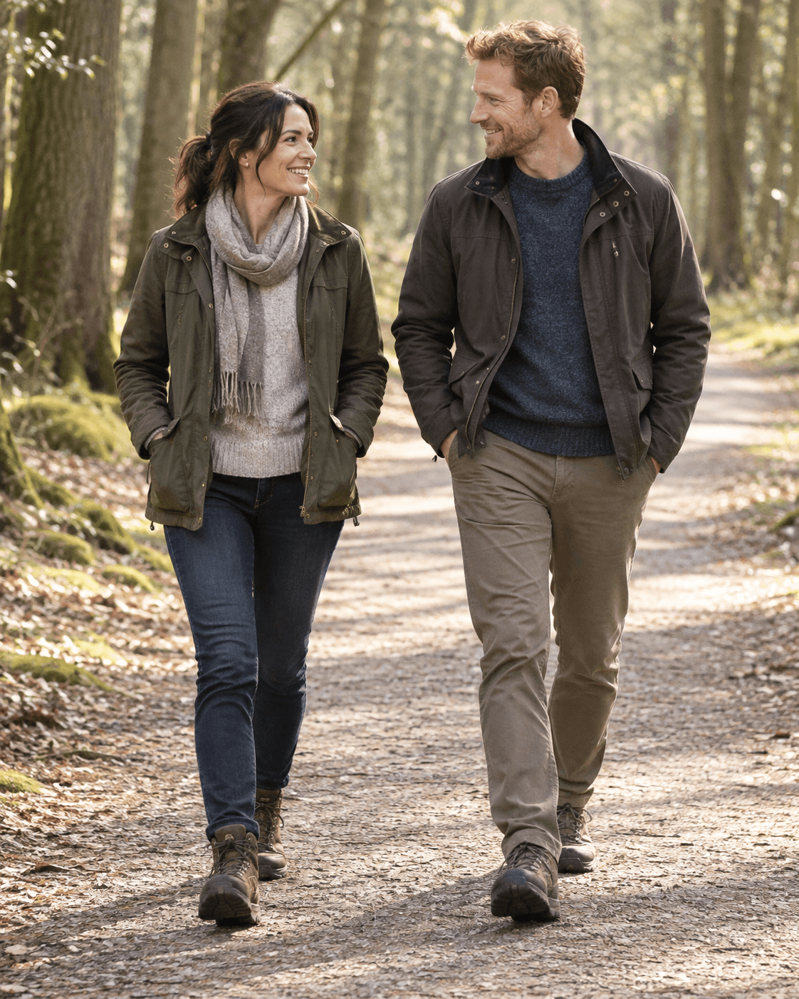 AI-generated full-length portrait of two fictional adults walking on a broad level woodland path, sparse undergrowth and muted outfits.