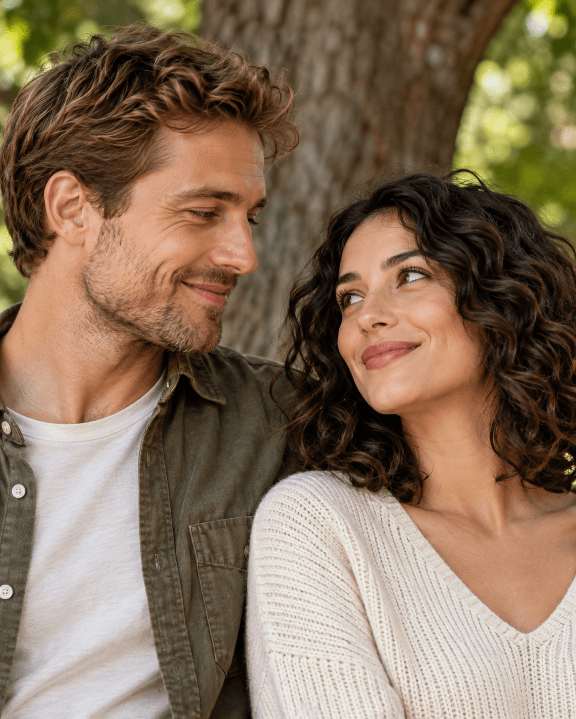 AI-generated close portrait of two fictional adults with softly blurred generic tree bark and green foliage behind, unobstructed faces.