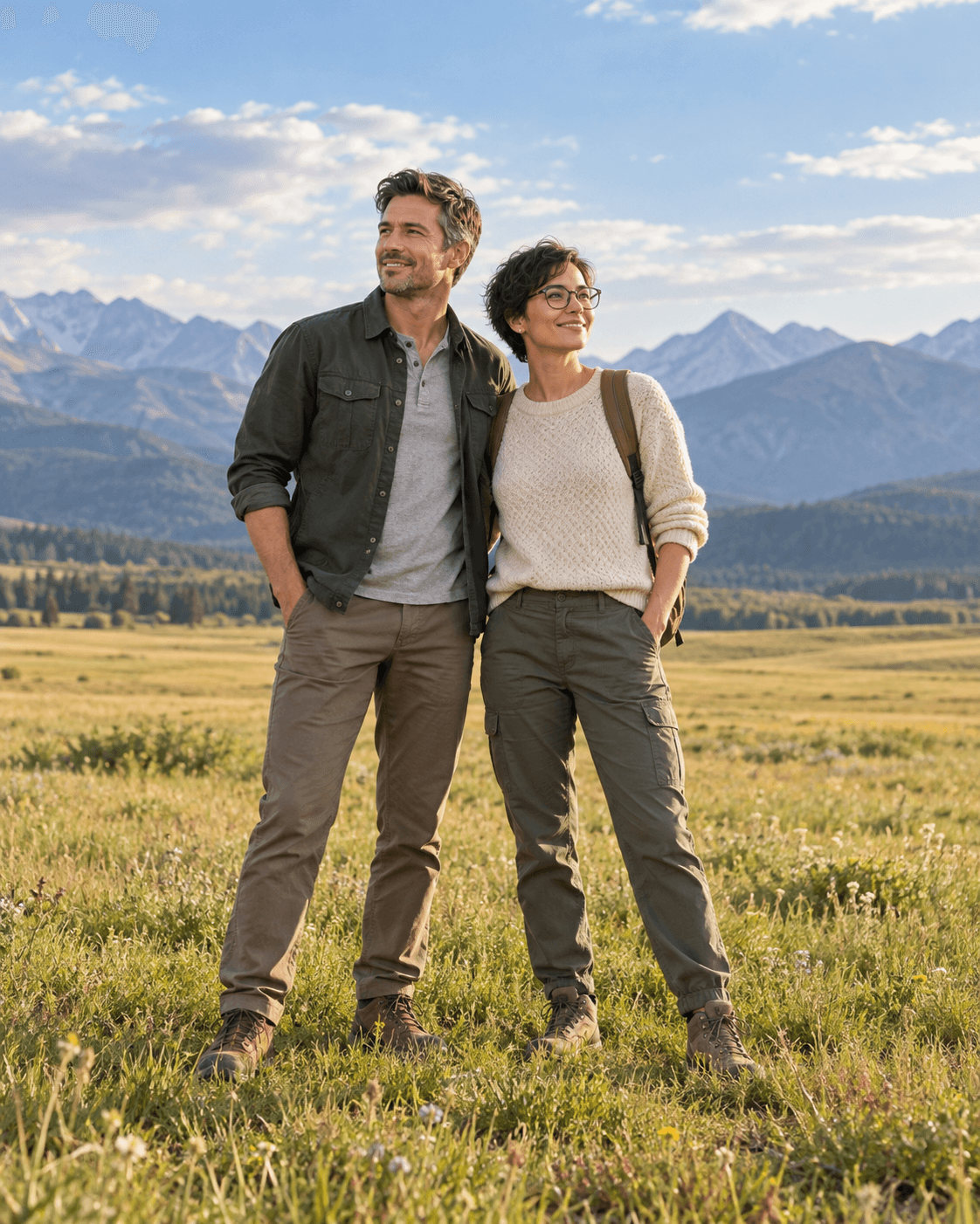 AI-generated portrait of two fictional adults on a broad level meadow with distant generic mountains, wide composition, no cliff edge or named peak.