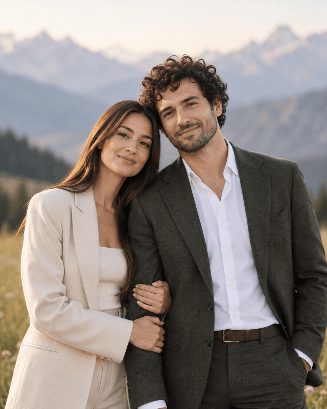 AI-generated medium portrait of two fictional adults in muted formalwear, softly blurred generic mountain range in the distance, level meadow foreground.
