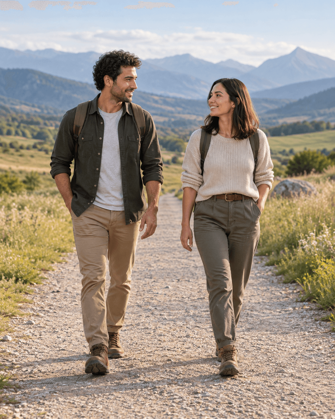 AI-generated portrait of two fictional adults walking on a broad level meadow path with distant generic hills and mountains, full-length, no exposed ridge.