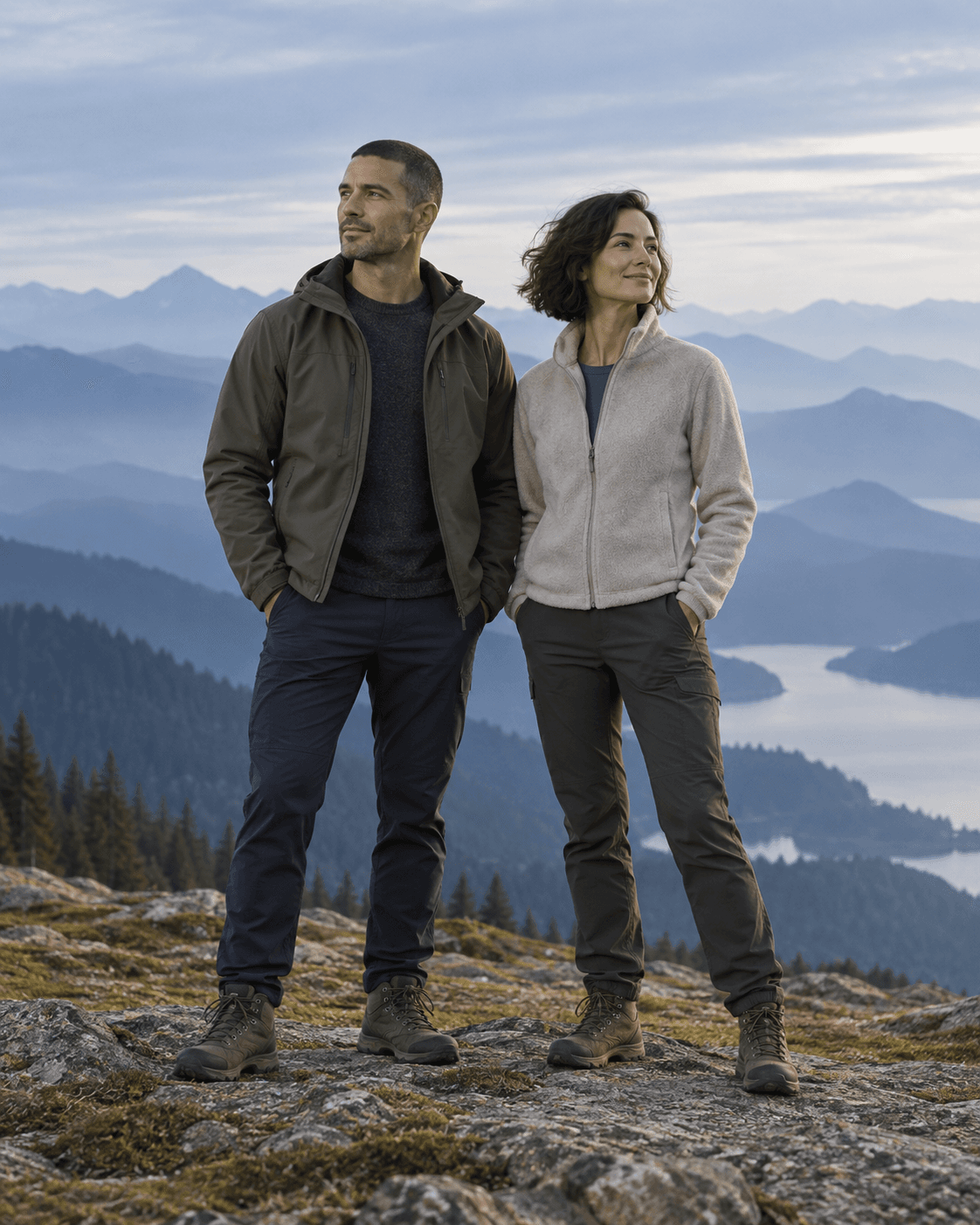 AI-generated wide portrait of two fictional adults standing side by side on level ground, layered generic distant mountain shapes, subdued blue-gray atmosphere, visible faces.