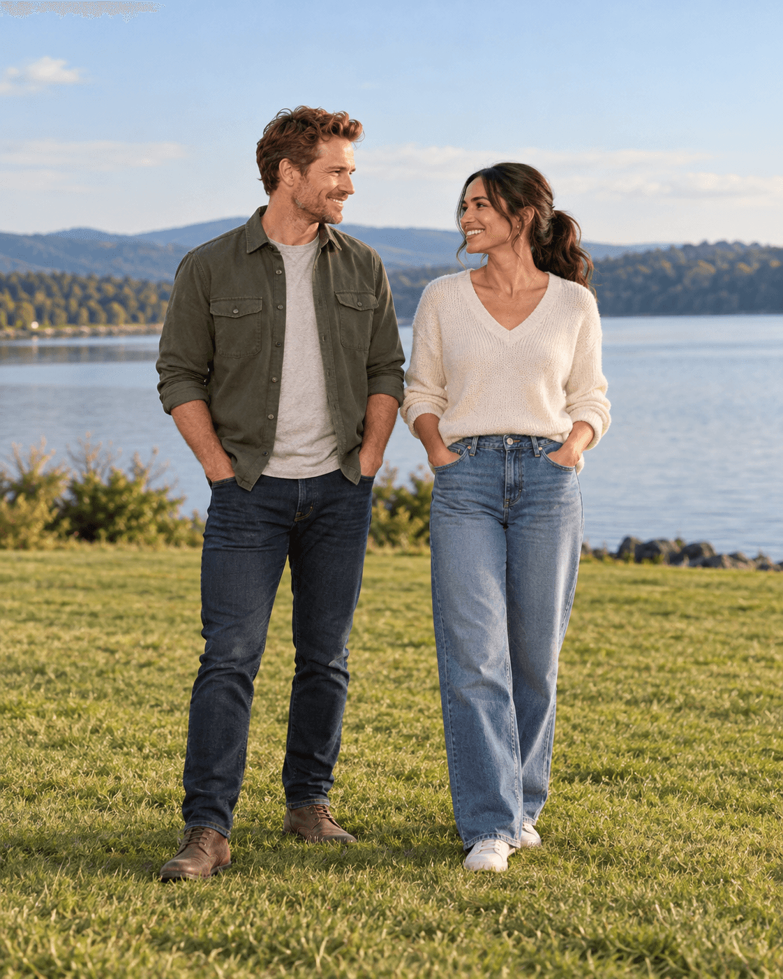 AI-generated portrait of two fictional adults standing on a broad level grassy bank set back from a generic lake, distant shoreline, full-length.