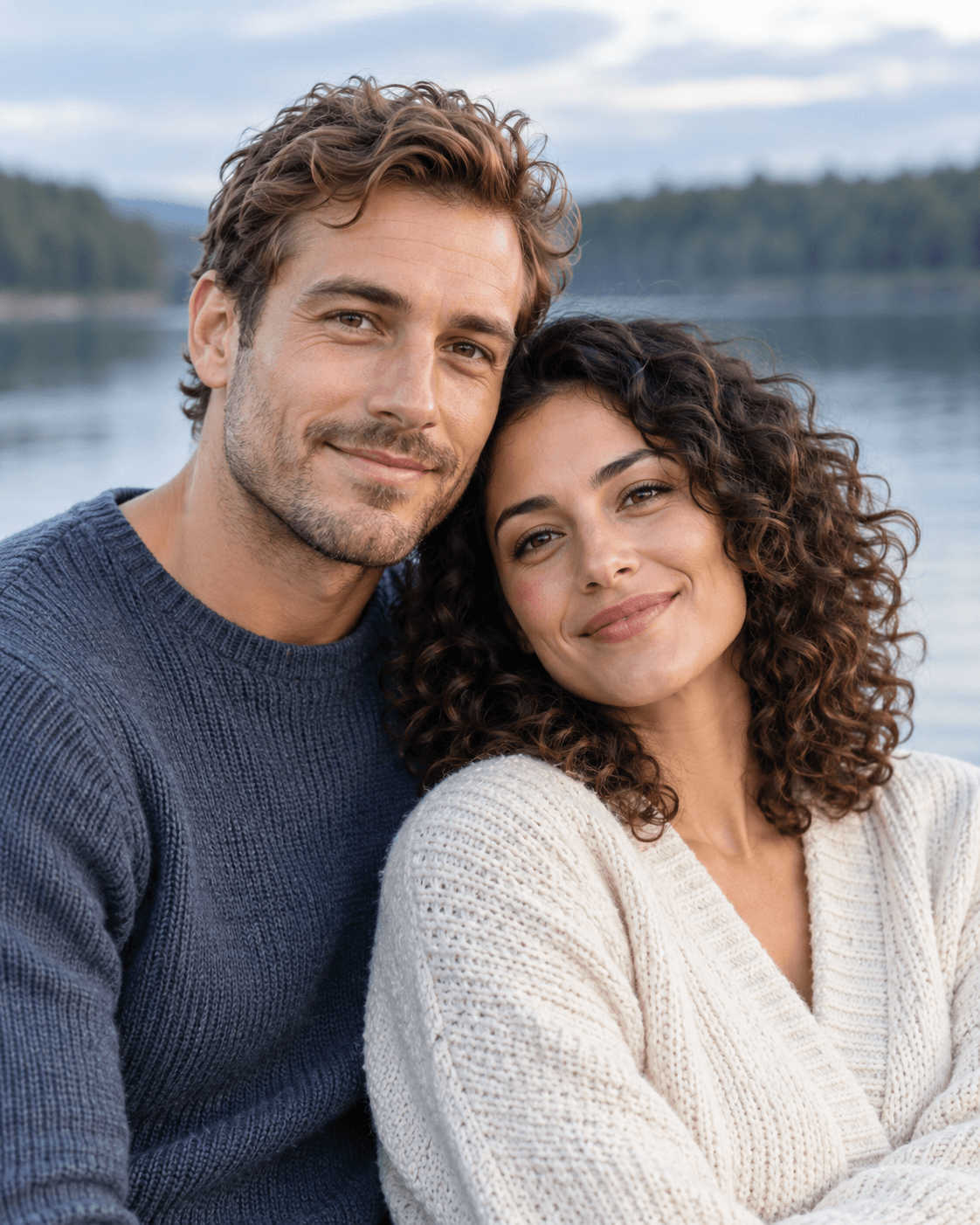 AI-generated close portrait of two fictional adults with softly blurred generic lake water and distant trees behind, no water contact.