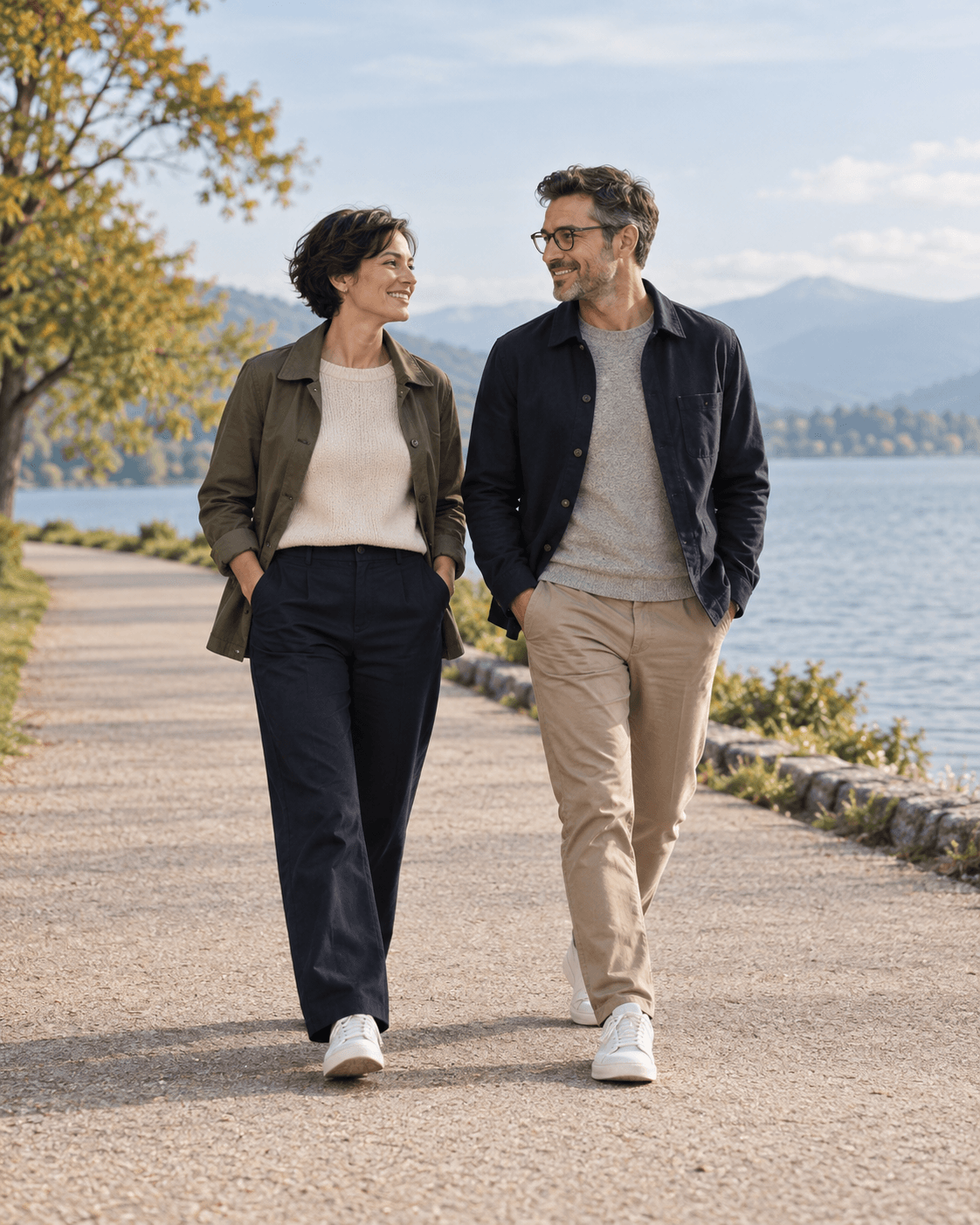 AI-generated portrait of two fictional adults walking on a broad level path beside a generic lake, clear distance from water, simple muted clothing.