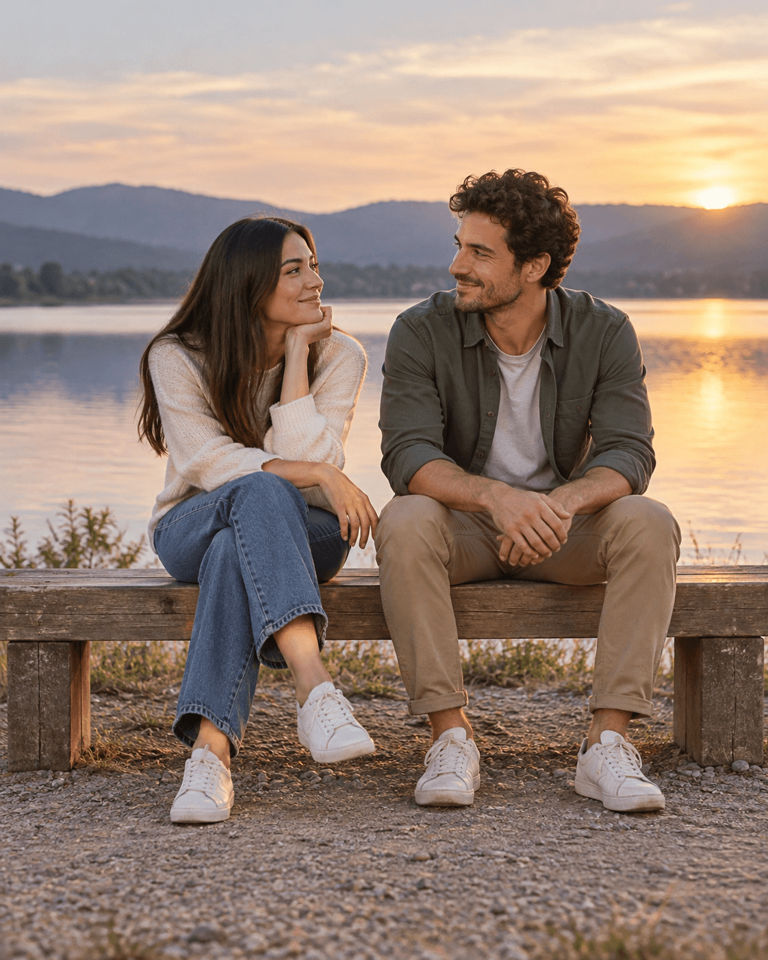 AI-generated portrait of two fictional adults seated on a plain broad bench on dry level ground overlooking a generic lake, feet visible, no dock.