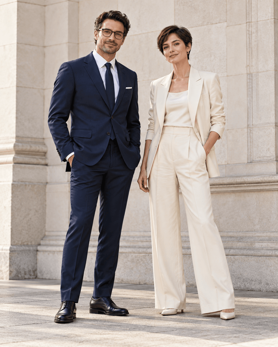 AI-generated full-length portrait of two fictional adults in navy and cream formalwear beside a generic pale stone building, no logos or identifying signs.