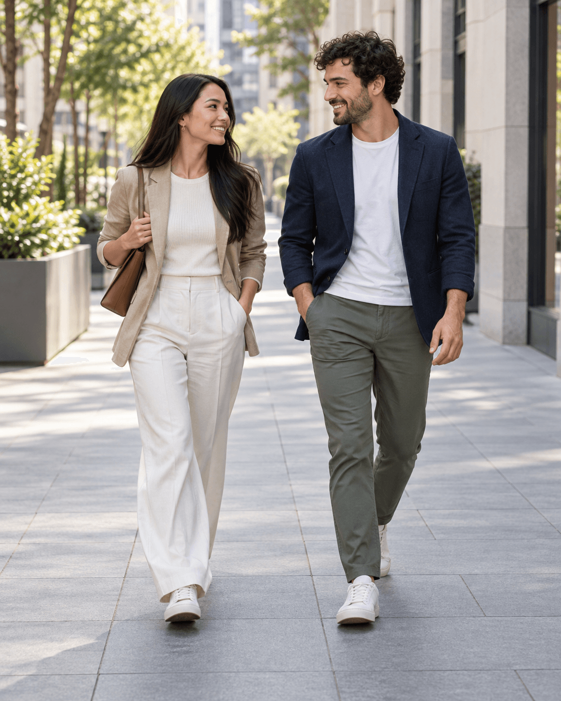 AI-generated portrait of two fictional adults walking on a broad generic city sidewalk, simple urban background, no traffic contact, casual tailored clothing.
