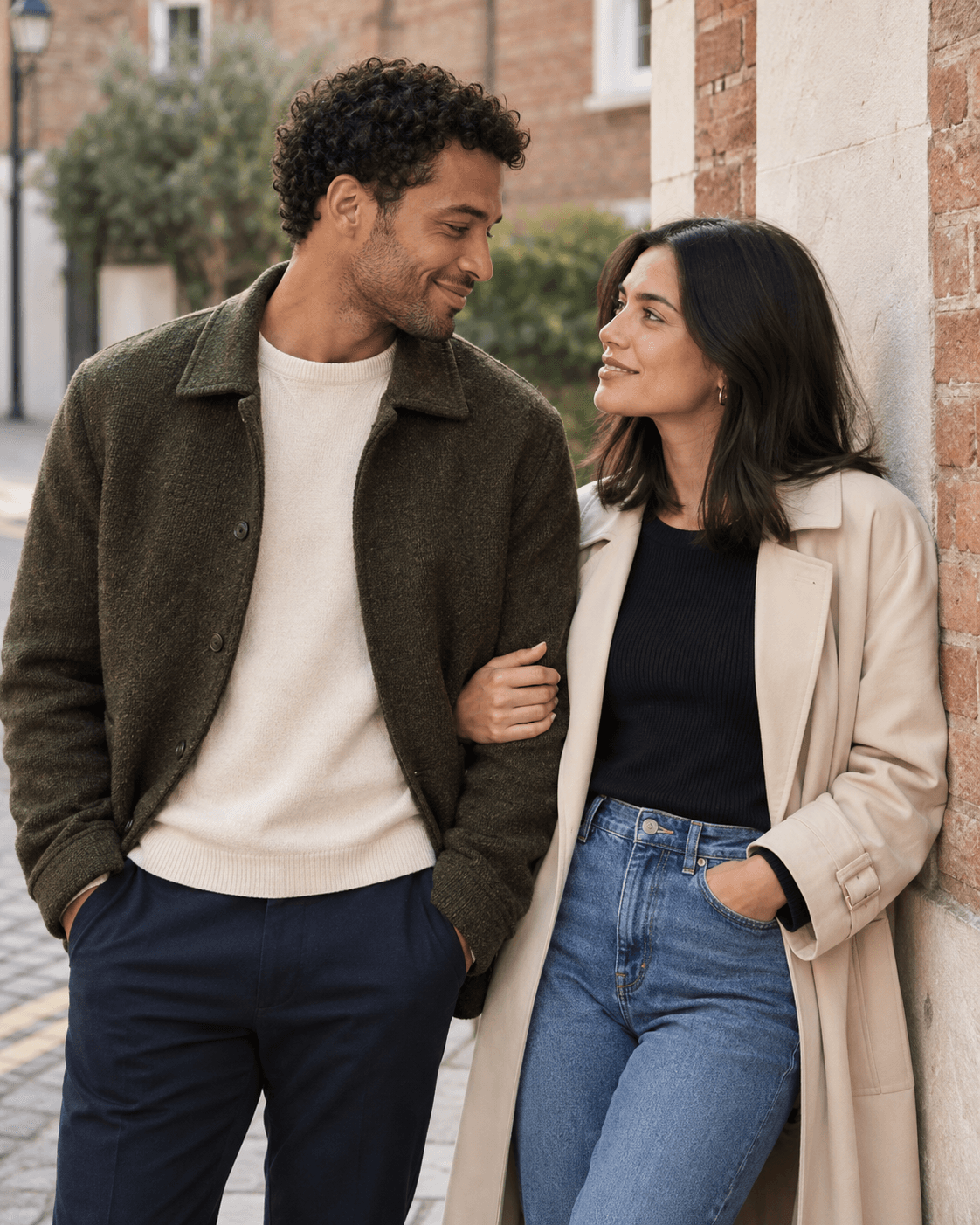 AI-generated medium portrait of two fictional adults at a generic residential street corner, muted brick and pale wall textures, no readable addresses.