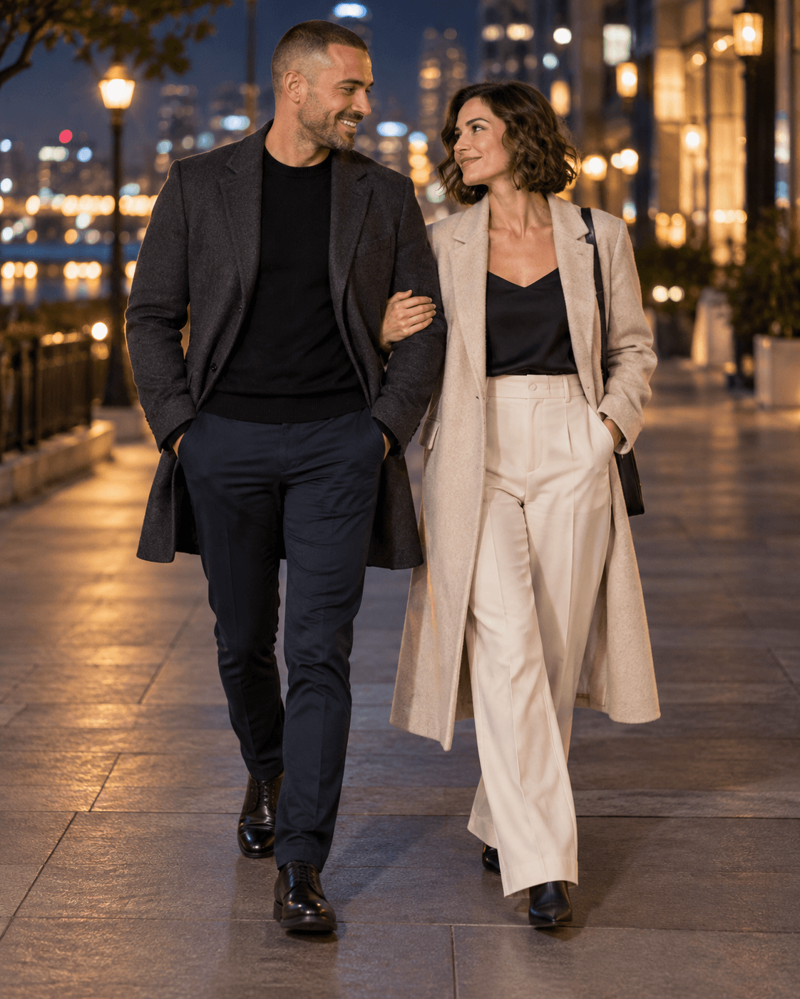 AI-generated portrait of two fictional adults on a broad generic pedestrian sidewalk after dark, restrained blurred lights, clearly visible faces, no brand signage.