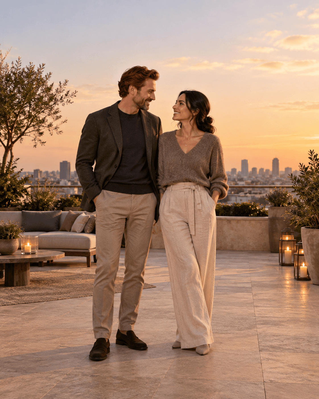 AI-generated concept: two fictional adults standing near the center of a broad enclosed terrace, distant generic skyline low in frame, pale sunset sky, no ledge posing, warm stone and charcoal clothing.