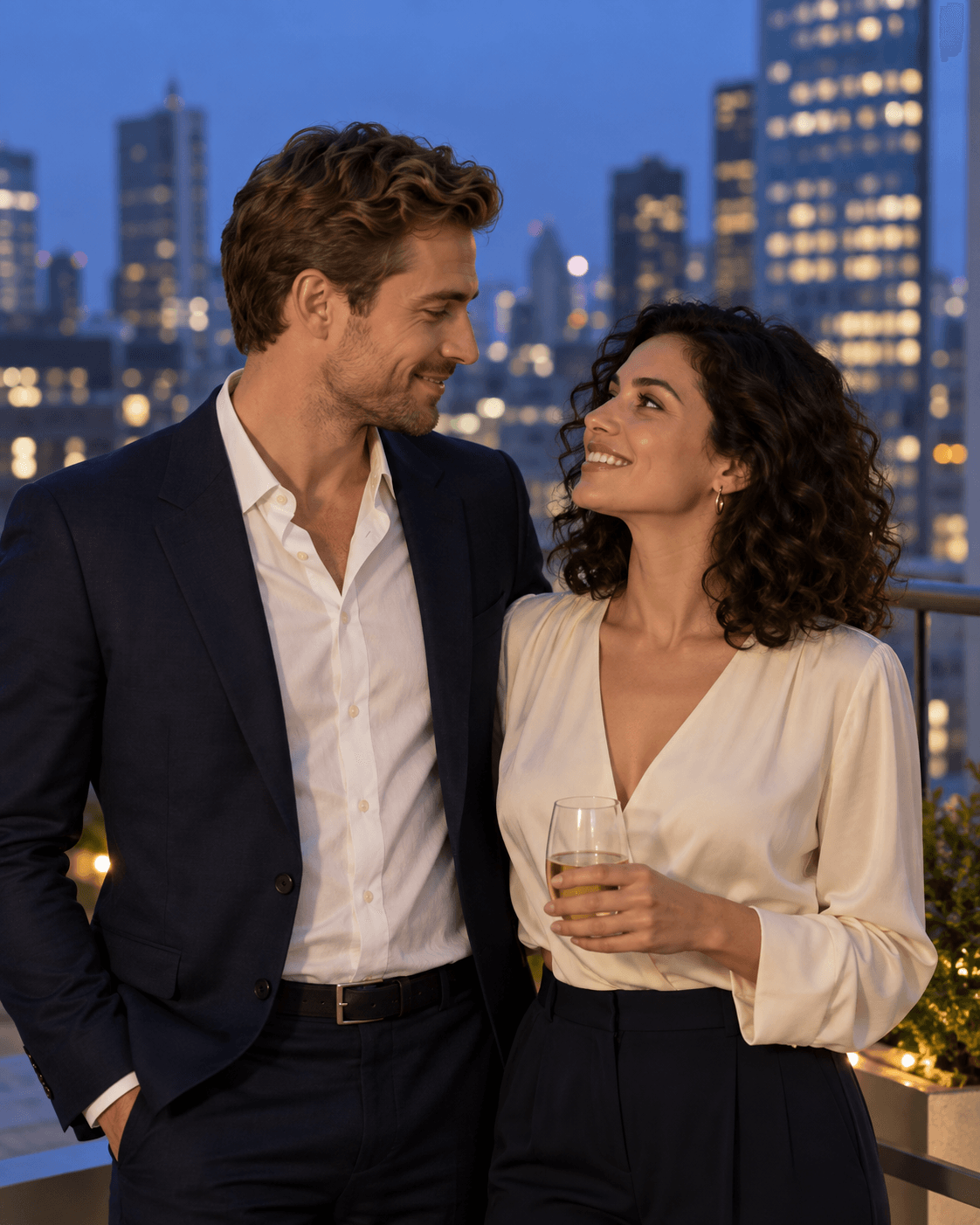 AI-generated concept: two fictional adults waist-up on an enclosed terrace at blue hour, soft light on both faces, distant generic office windows out of focus, navy and cream outfits.