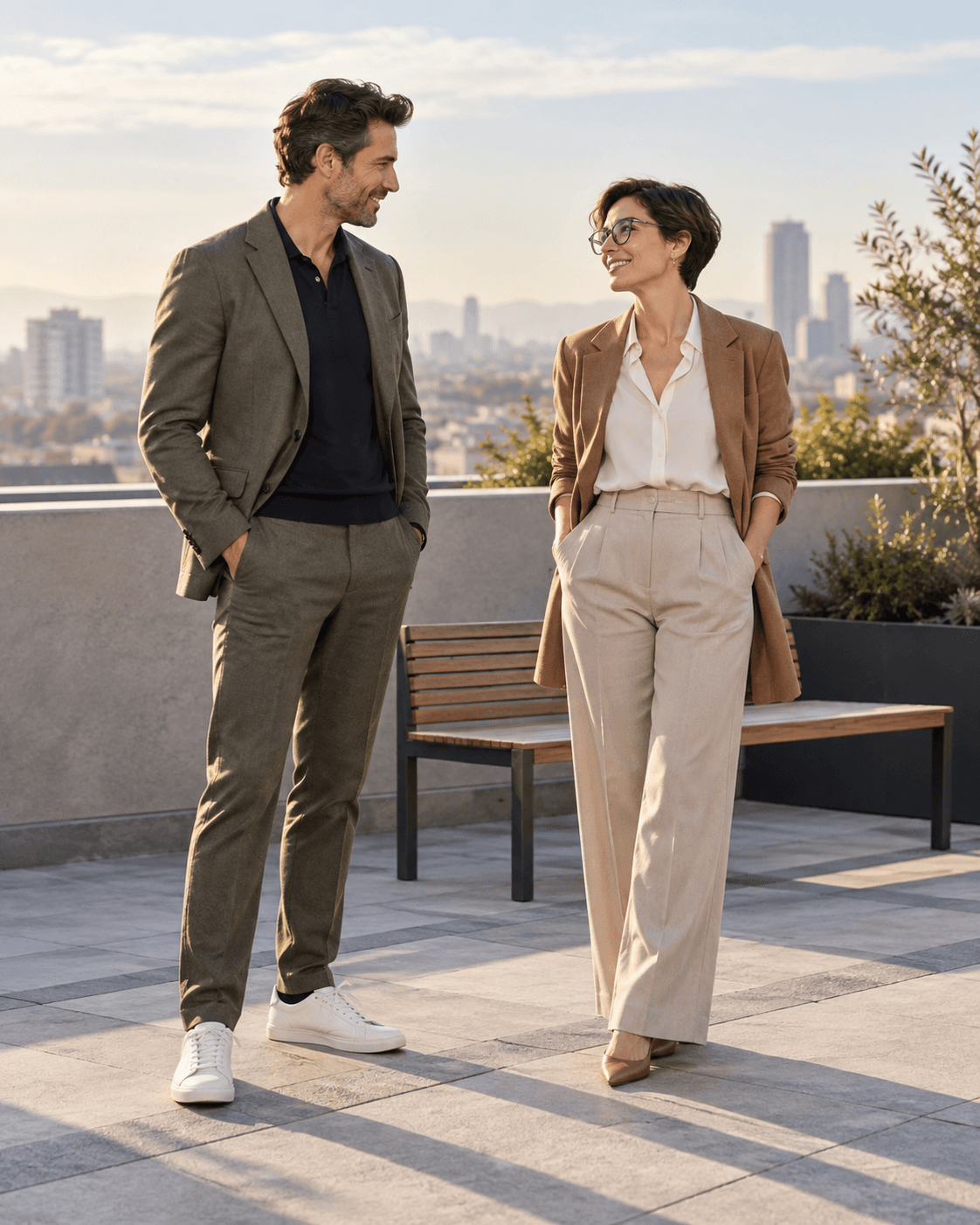 AI-generated concept: two fictional adults beside a simple bench well inside a protected rooftop terrace, diagonal paving lines, muted morning light, full-length portrait, no readable signs.