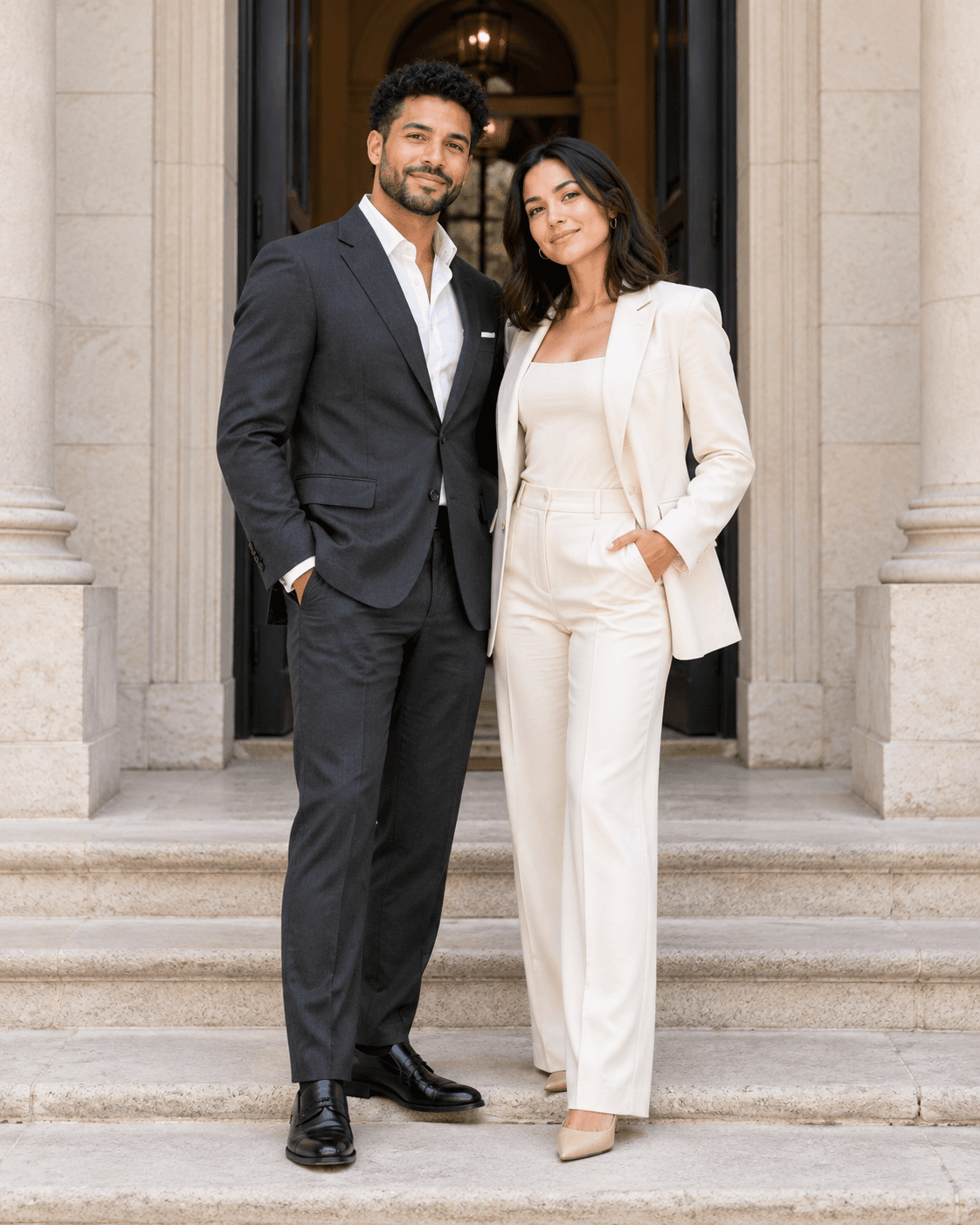 AI-generated concept: two fictional adults standing in front of an unmarked pale stone civic-style entrance, charcoal suit and ivory tailored separates, both faces visible, no government insignia.