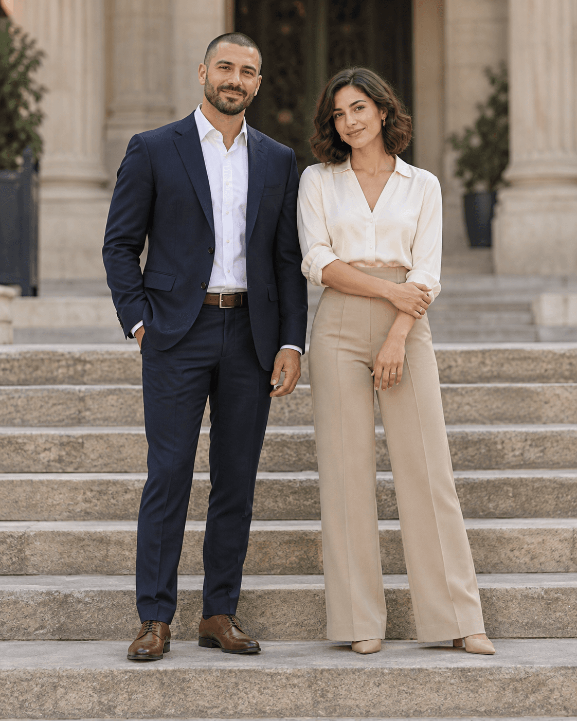 AI-generated concept: two fictional adults side by side on a broad shallow stone step, hands relaxed, simple formal clothing, balanced full-length crop, no legal documents or bouquet required.