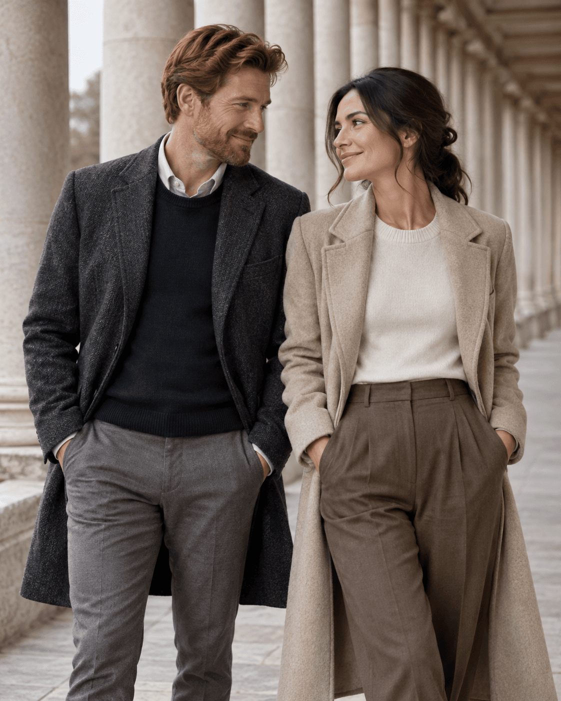 AI-generated concept: two fictional adults near a generic stone colonnade, soft overcast light, close three-quarter framing, quiet neutral tailoring, no official signs.