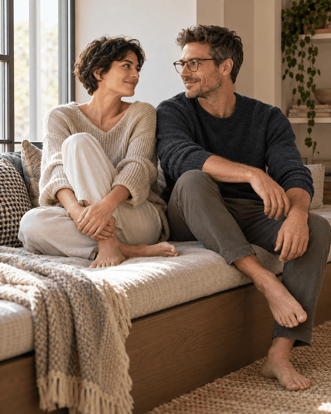 AI-generated concept: two fictional adults sitting together on a wide window seat in a fictional neutral apartment, soft side light, oat and slate knitwear, both faces clear, no family photographs.