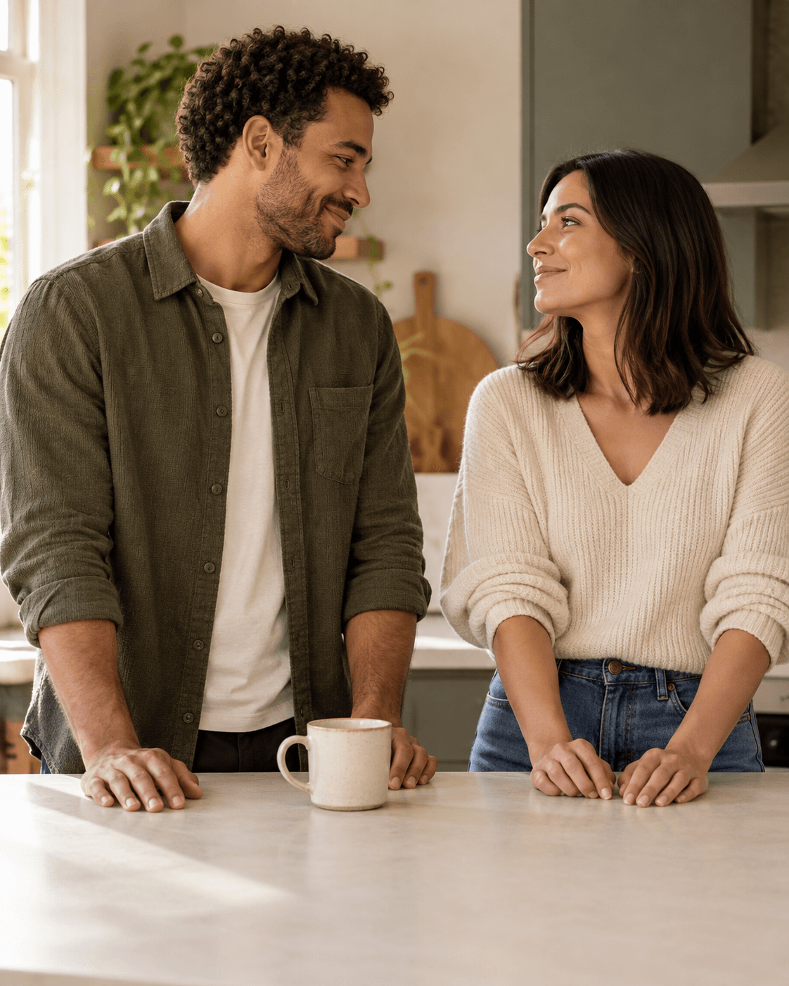 AI-generated concept: two fictional adults beside a plain kitchen counter in a fictional home, one ceramic mug on counter, hands visible and relaxed, soft morning light, medium crop.