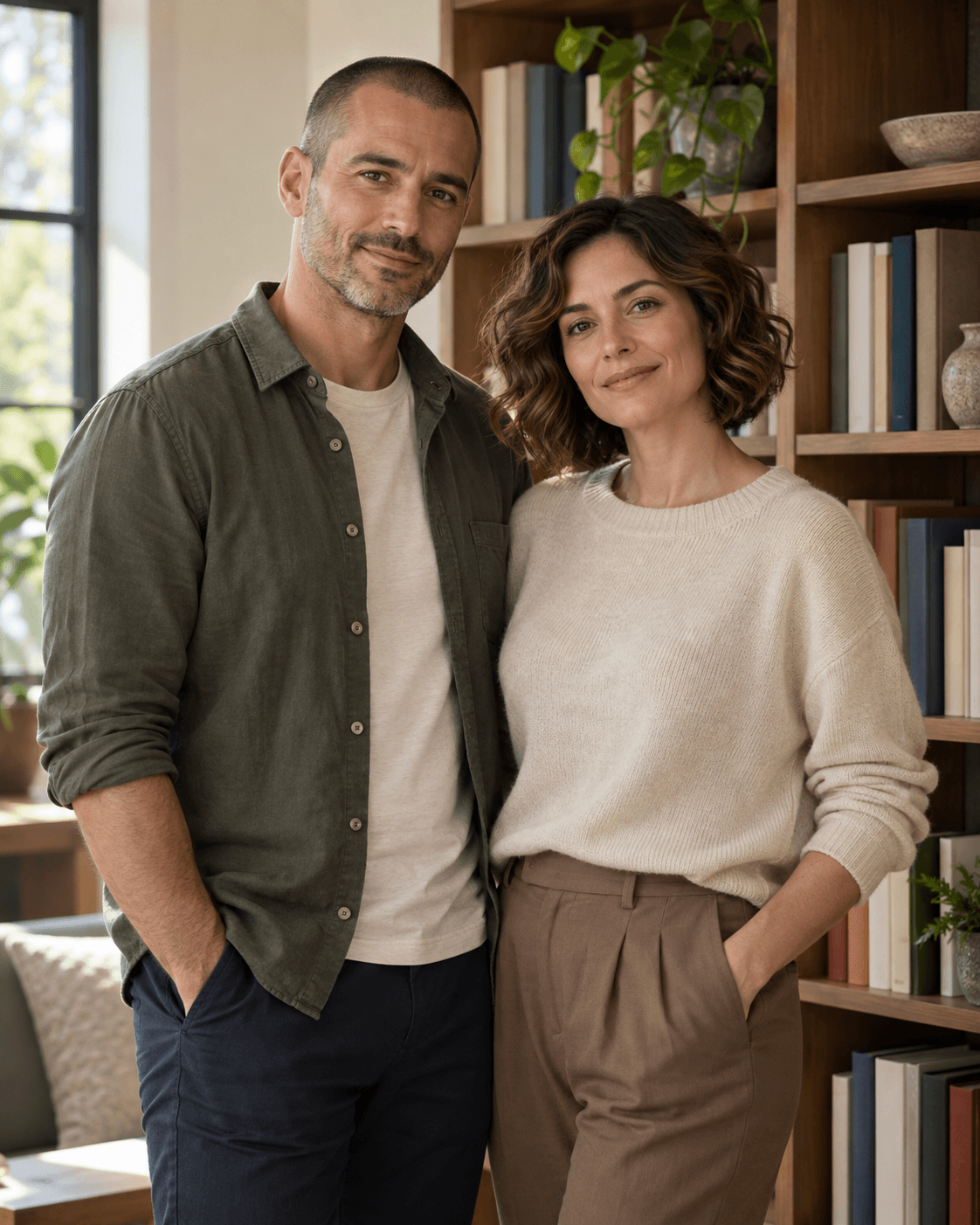 AI-generated concept: two fictional adults standing together beside a simple bookcase in an invented room, books without readable titles, relaxed neutral clothes, soft window light, three-quarter crop, no personal photos.