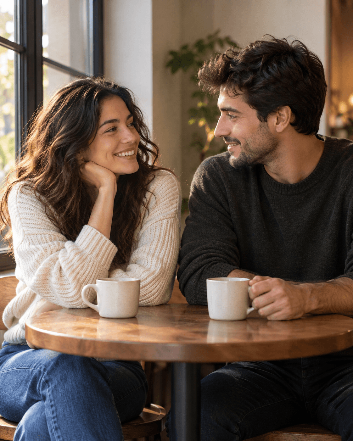 AI-generated concept: two fictional adults seated side by side at a small wooden café table beside a window, two plain cups on table, no branding, soft side light, waist-up.
