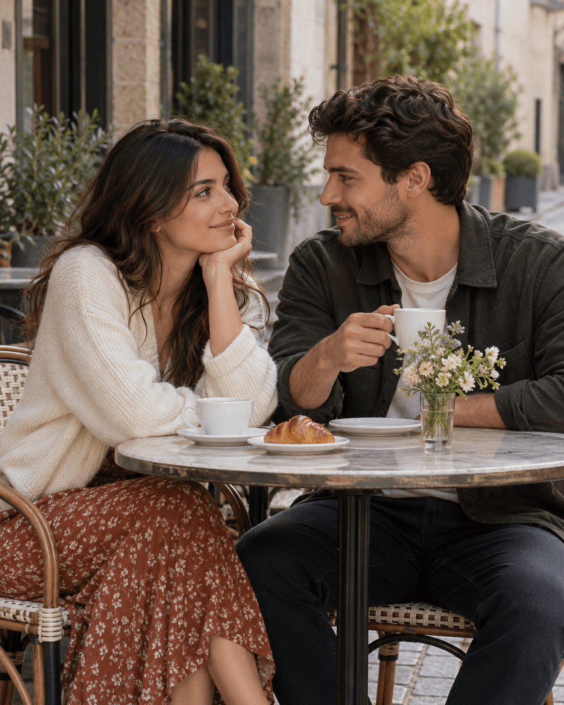 AI-generated concept: two fictional adults at an unbranded sidewalk café table, quiet generic street background without recognizable bystanders, soft overcast light, three-quarter view.