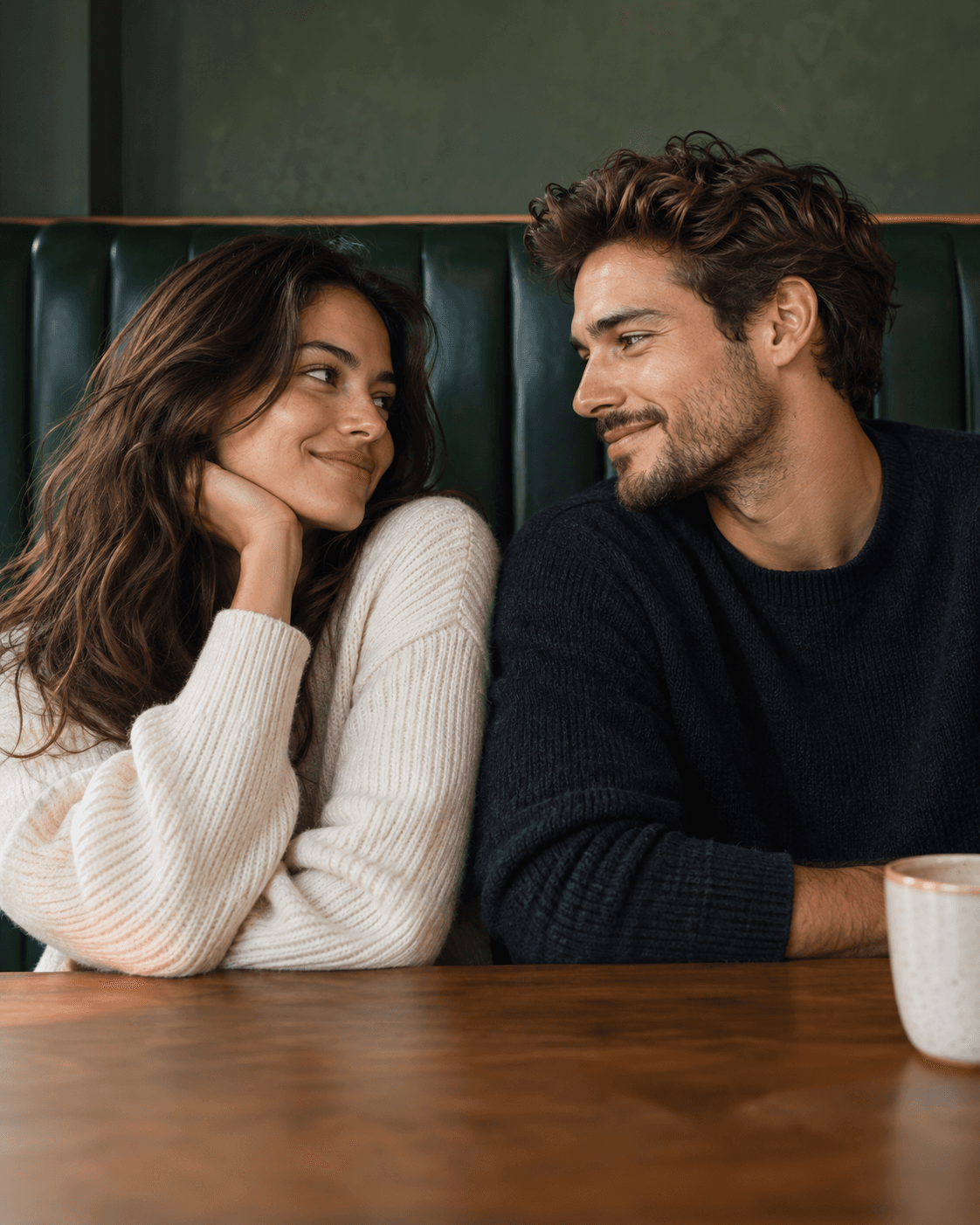 AI-generated concept: two fictional adults side by side in a wide dark-green café booth, plain tabletop low in frame, one unbranded cup at far edge, soft light, no menu text, close three-quarter portrait.