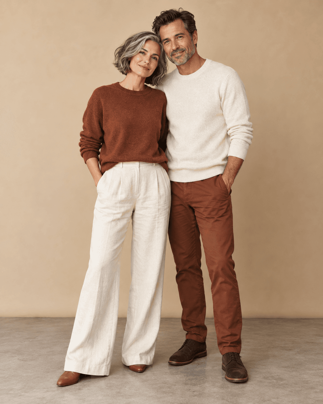 AI-generated concept: two fictional adults standing close against a warm beige seamless studio backdrop, muted rust and cream separates, soft even lighting, full-length with visible floor.