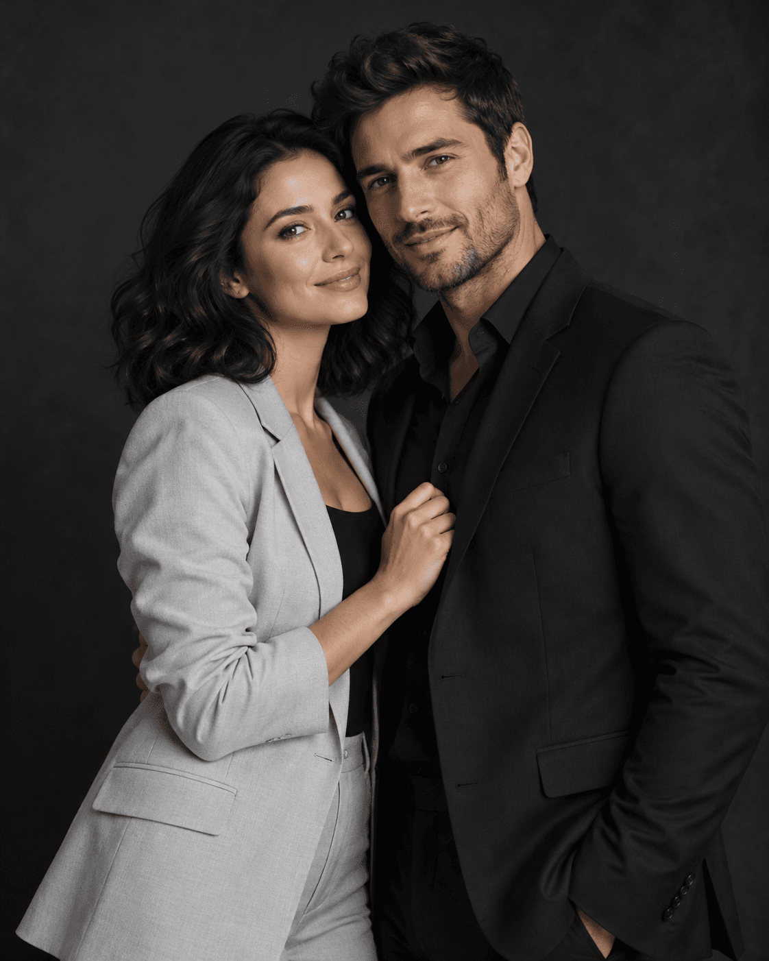 AI-generated concept: two fictional adults in pale gray and black formal separates against charcoal studio background, controlled soft side lighting with both faces visible, three-quarter crop.