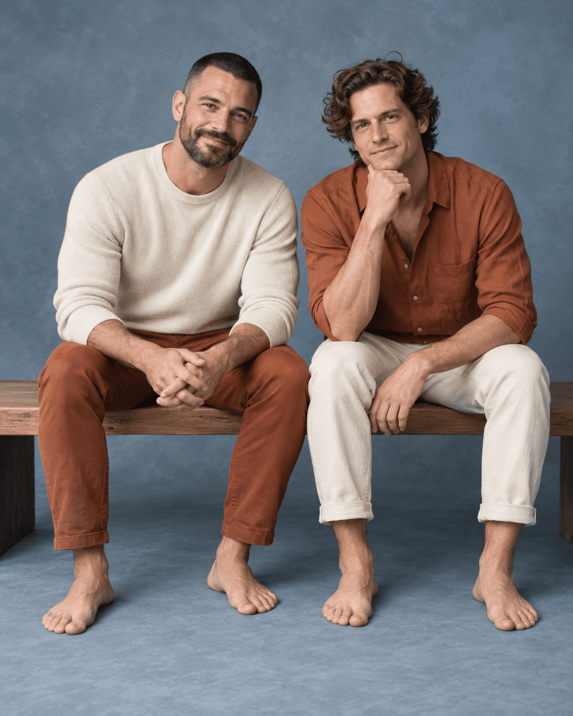 AI-generated concept: two fictional adults seated side by side on a broad simple studio bench against a muted blue-gray seamless backdrop, cream and rust separates, clear feet and hands, soft frontal light.