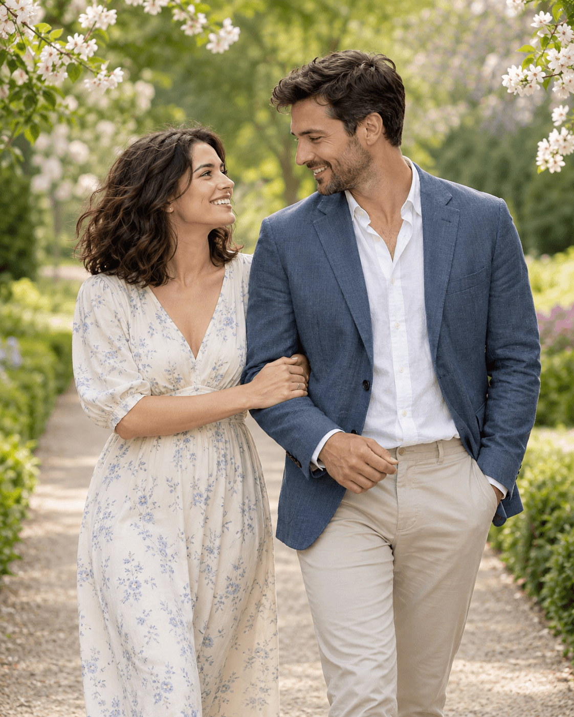 AI-generated concept: two fictional adults on a broad level garden path, sparse pale blossoms framing upper corners, fresh green foliage, cream and muted blue clothes, three-quarter crop.